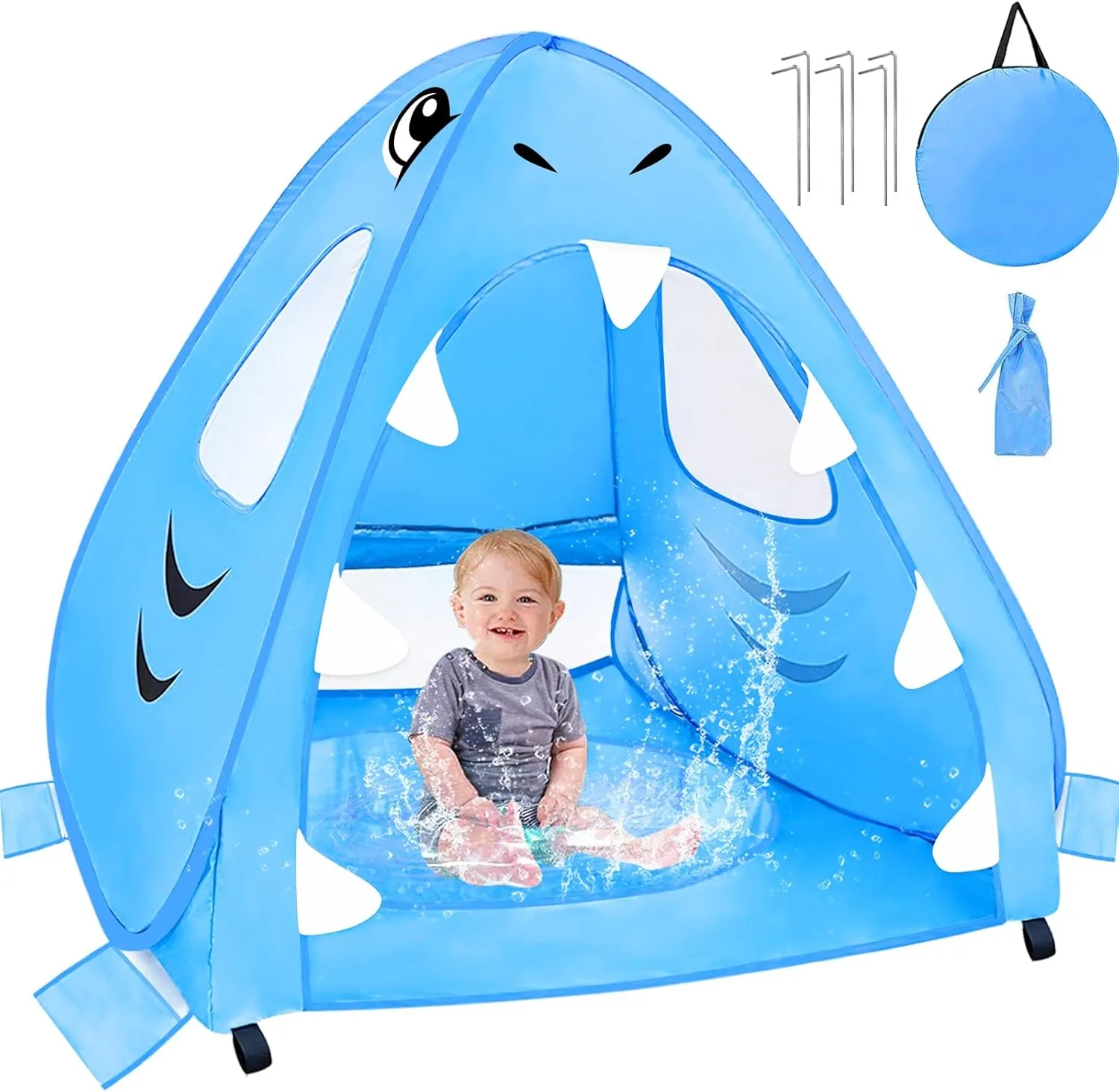 [ Extra High ] Shark Baby Beach Tent with Pool, Pop Up Baby Pool Tent UPF 50  UV Protection 4 Sand Pockets 3 Mesh Windows Waterproof Sun Shelters Beach Shade Tent for 1-2 Baby Toddler Aged 3-60 Months