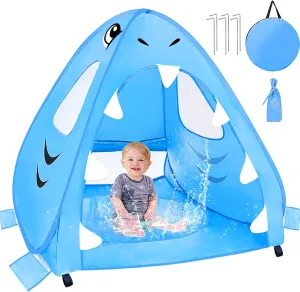 [ Extra High ] Shark Baby Beach Tent with Pool, Pop Up Baby Pool Tent UPF 50  UV Protection 4 Sand Pockets 3 Mesh Windows Waterproof Sun Shelters Beach Shade Tent for 1-2 Baby Toddler Aged 3-60 Months