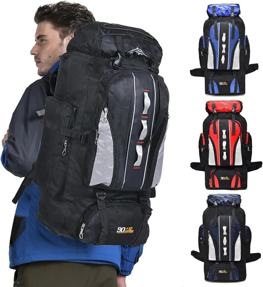 100L Camping Hiking Backpack, Large Military Tactical Backpack Waterproof Travel Daypack Survival Rucksack Bushcraft Backpack Outdoor Waterproof Lightweight Camping Bag, Blue-2