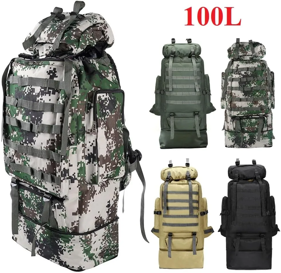 100L Camping Hiking Backpack, Tactical Army Outdoor Hiking Backpack Camping Rucksack Trekking Bag, Army Green