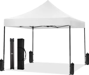 10x10fT Pop-Up Canopy Tent – Adjustable Height Outdoor Gazebo, Quick Setup with Sandbags, Ground Stakes & Ropes, Perfect for Outdoor Activities, White