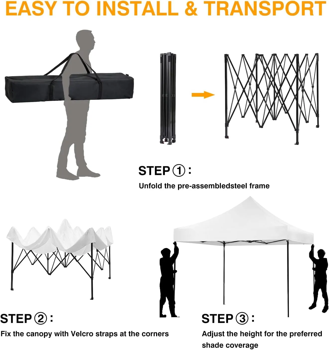 10x10fT Pop-Up Canopy Tent – Adjustable Height Outdoor Gazebo, Quick Setup with Sandbags, Ground Stakes & Ropes, Perfect for Outdoor Activities, White