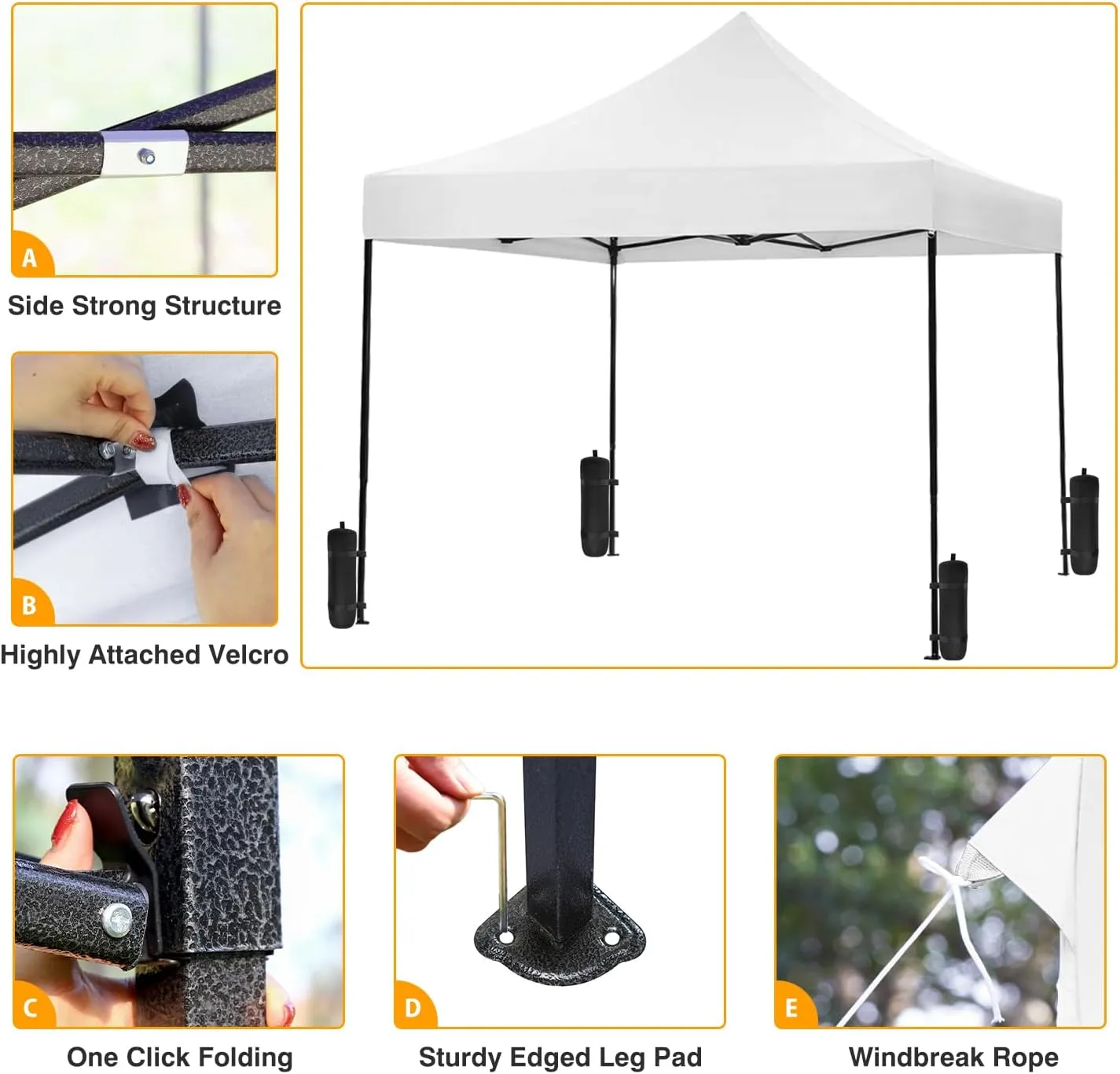 10x10fT Pop-Up Canopy Tent – Adjustable Height Outdoor Gazebo, Quick Setup with Sandbags, Ground Stakes & Ropes, Perfect for Outdoor Activities, White