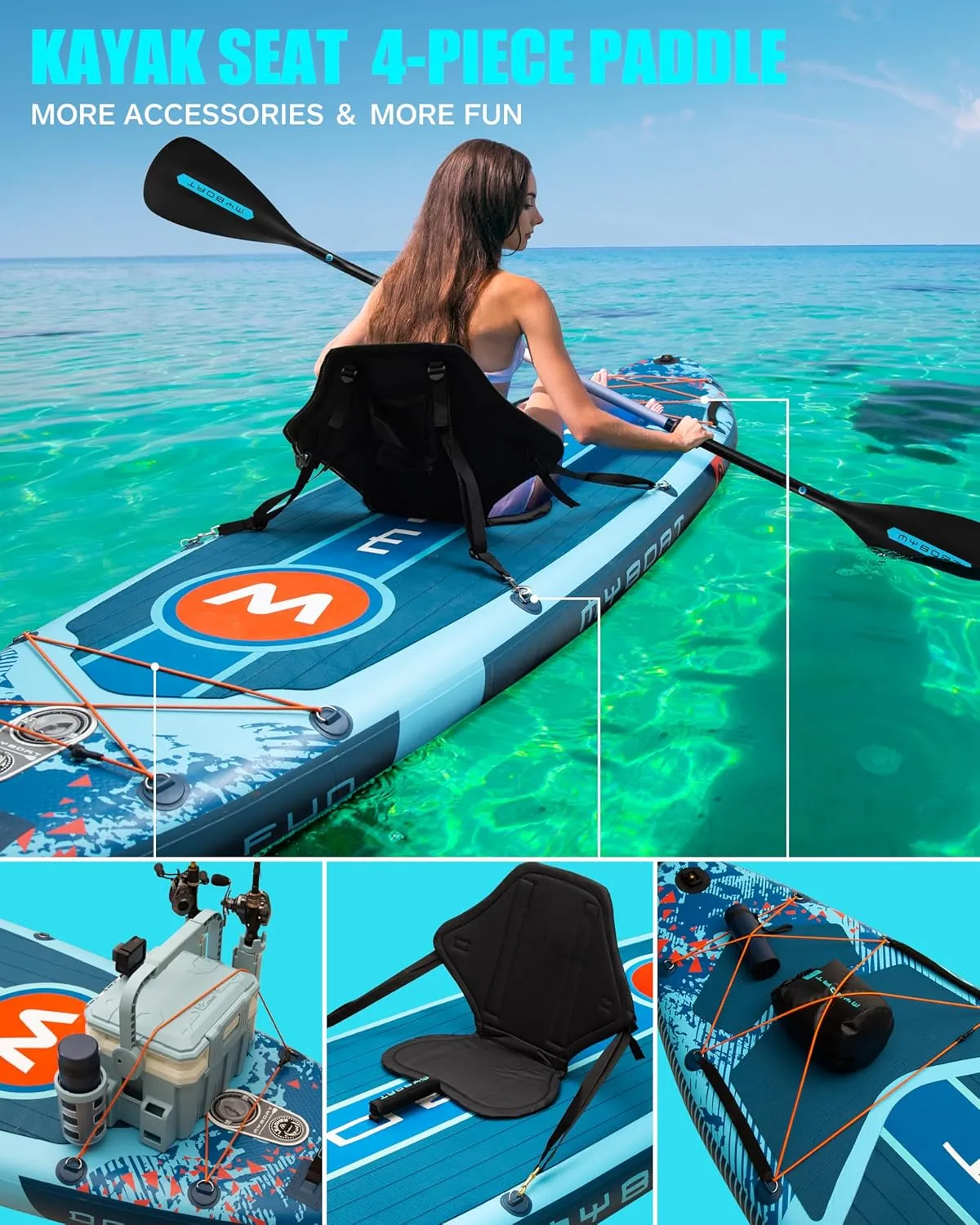 11'6"×34"×6" Extra Wide Inflatable Paddle Board, Stand Up Paddle Board for Fishing, Sup Board with 3 Removable Fins, Dual Bungees, Camera Mount, Hand Pump, Strong Paddle, 5L Dry Bag, Leash