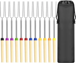 12 Pack Marshmallow Roasting Sticks Set, Extendable 32in Long Metal Barbecue Skewers with Wooden Handle, for Marshmallow, Hot Dogs, Camping, BBQ, Grill(12 Pack)