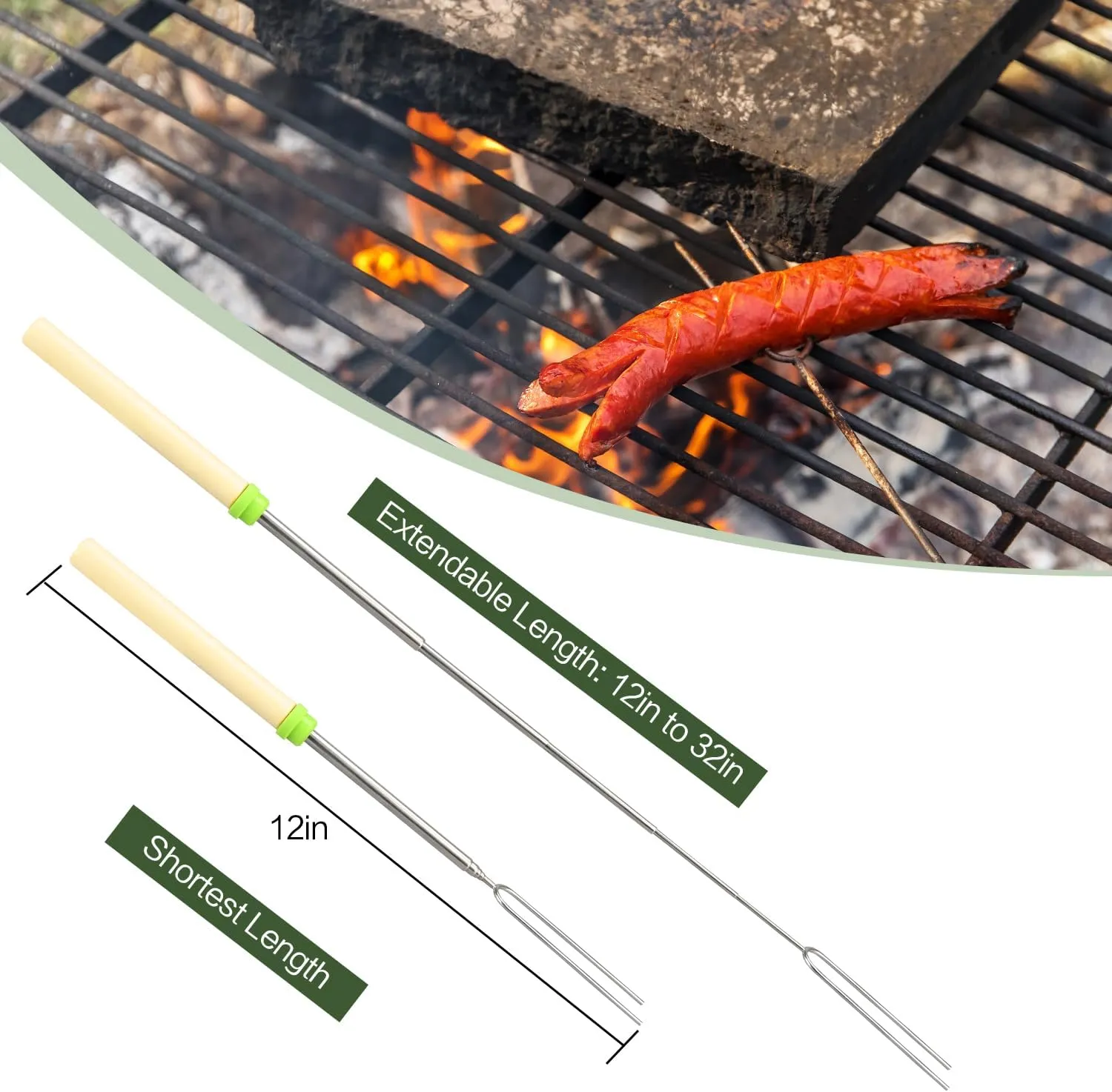 12 Pack Marshmallow Roasting Sticks Set, Extendable 32in Long Metal Barbecue Skewers with Wooden Handle, for Marshmallow, Hot Dogs, Camping, BBQ, Grill(12 Pack)