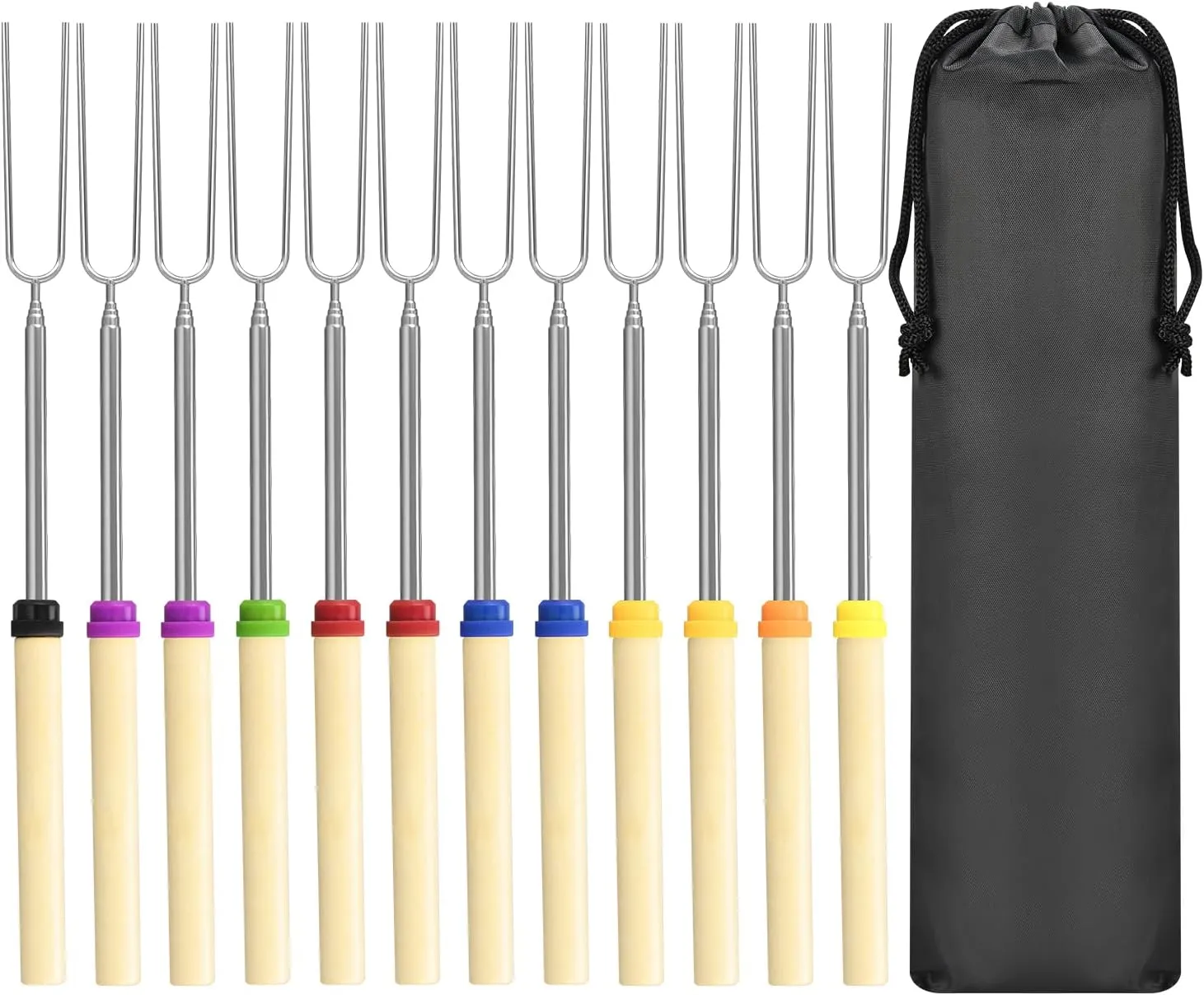 12 Pack Marshmallow Roasting Sticks Set, Extendable 32in Long Metal Barbecue Skewers with Wooden Handle, for Marshmallow, Hot Dogs, Camping, BBQ, Grill(12 Pack)