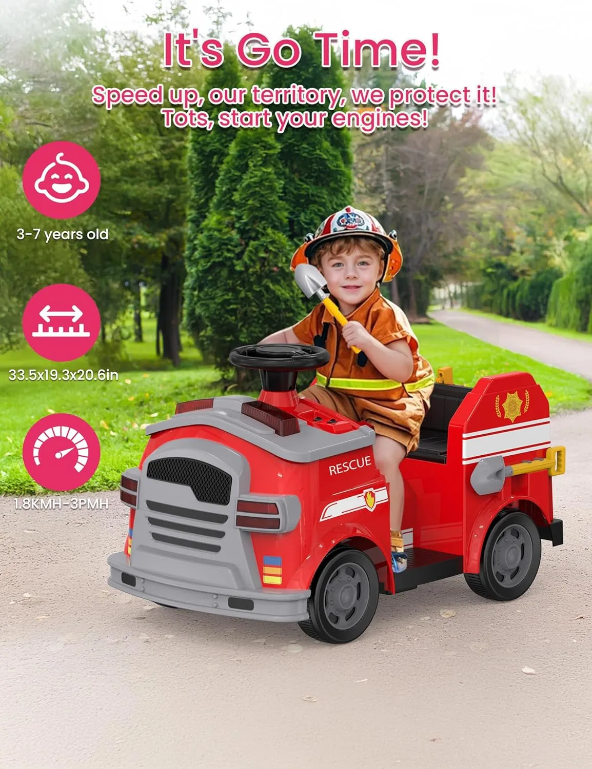 12V Electric Ride-On Fire Truck for Toddlers, Kids Vehicle with Toy Fire Extinguisher, Alarm Lamp, Siren-Call, Wrench Set, Spade Shovel, Battery Powered Toy Car for Boys and Girls, Red