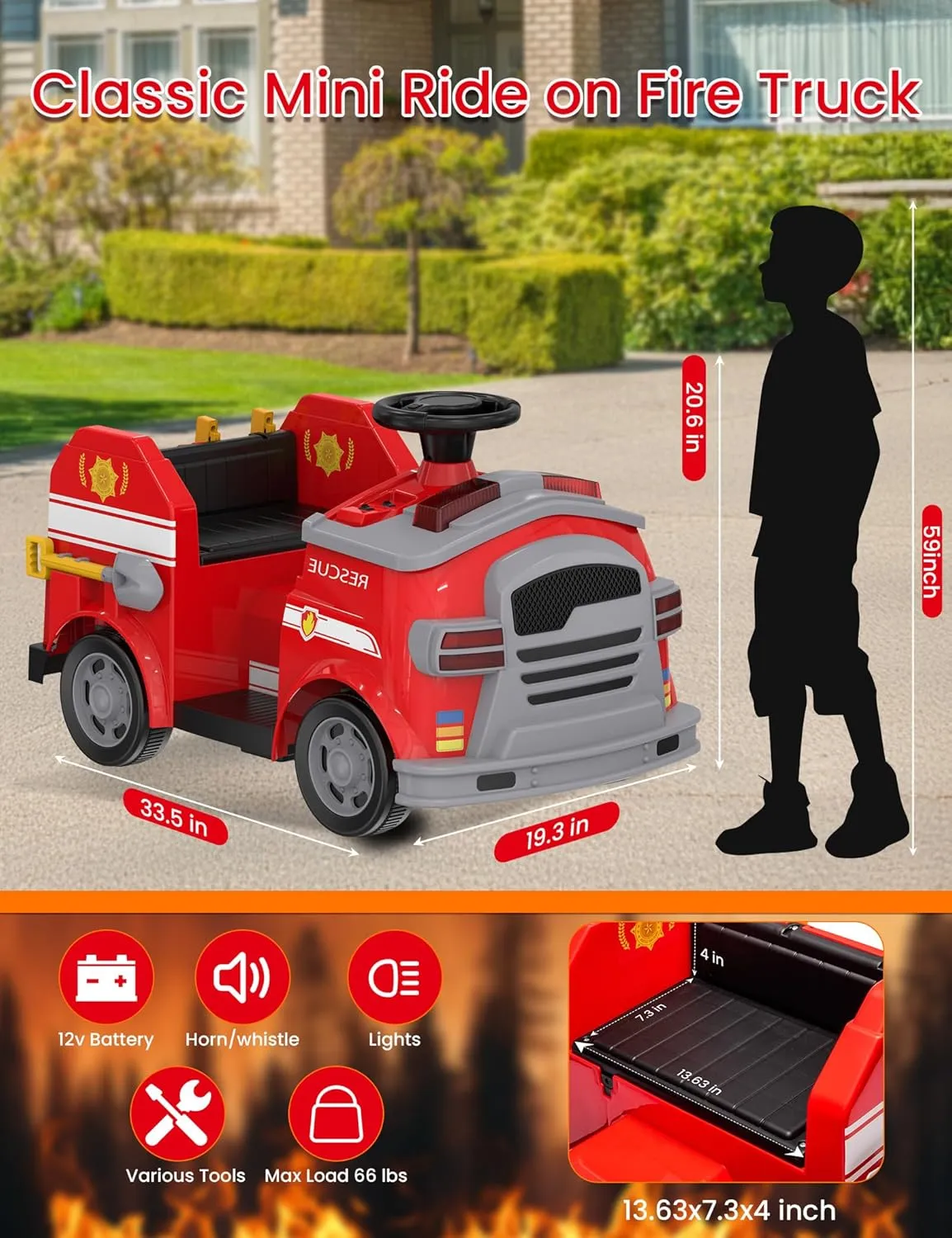 12V Electric Ride-On Fire Truck for Toddlers, Kids Vehicle with Toy Fire Extinguisher, Alarm Lamp, Siren-Call, Wrench Set, Spade Shovel, Battery Powered Toy Car for Boys and Girls, Red