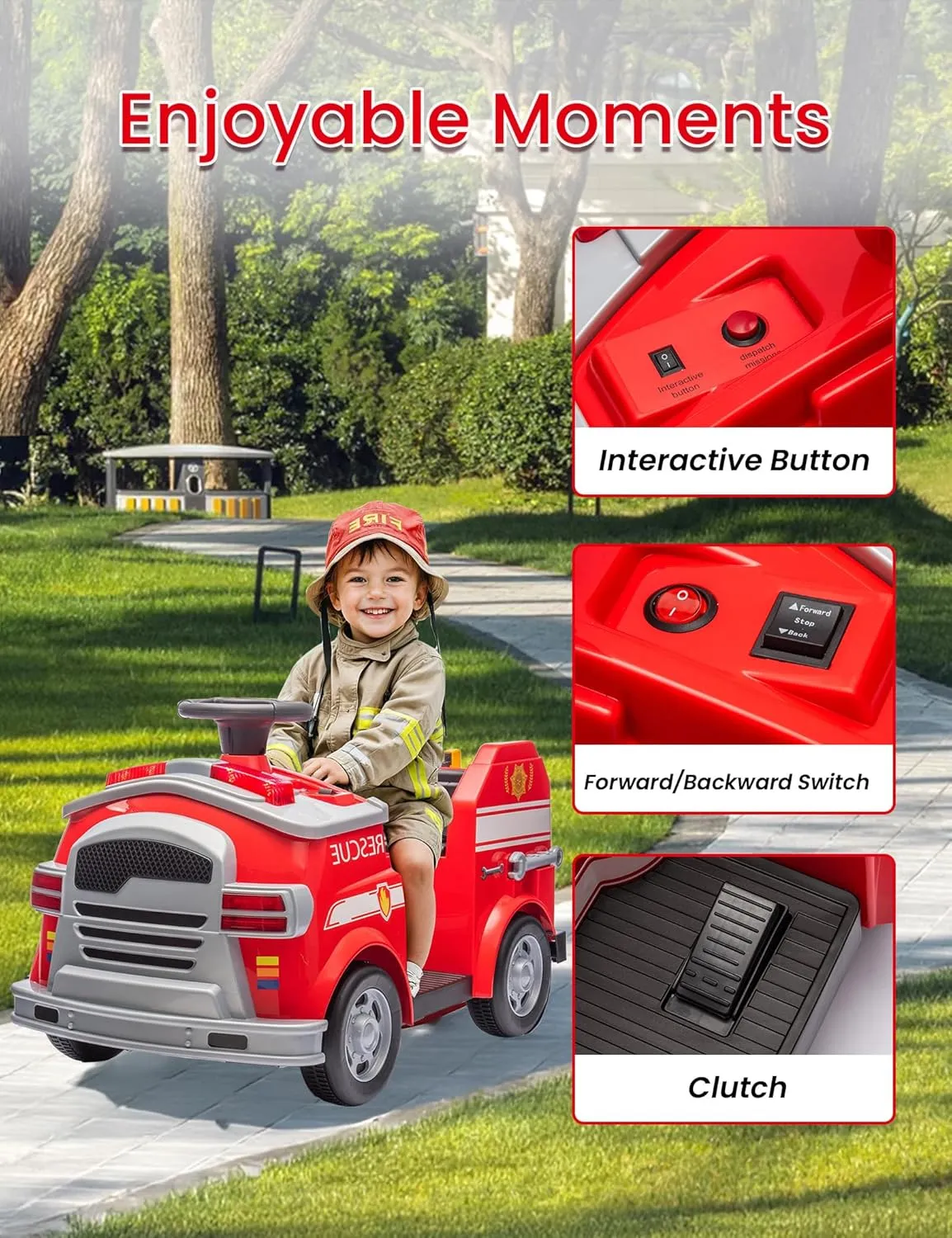 12V Electric Ride-On Fire Truck for Toddlers, Kids Vehicle with Toy Fire Extinguisher, Alarm Lamp, Siren-Call, Wrench Set, Spade Shovel, Battery Powered Toy Car for Boys and Girls, Red