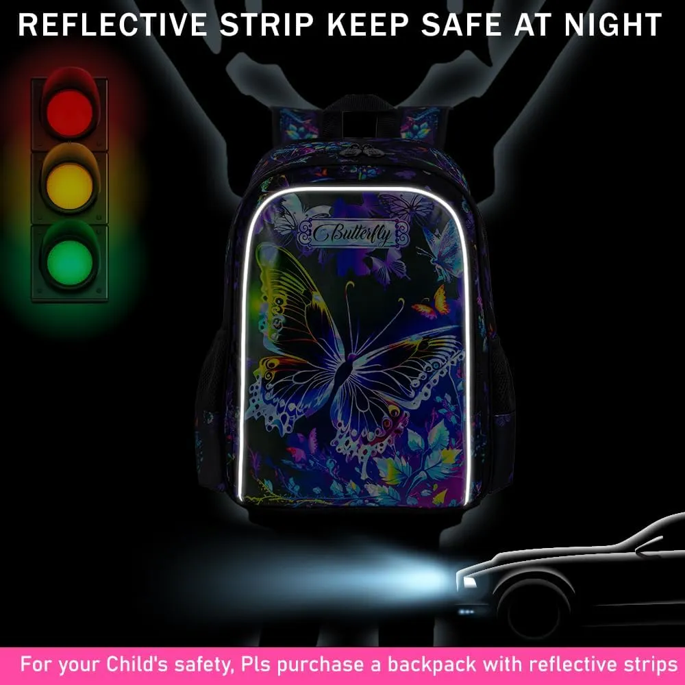 16" Butterfly Backpack for Girls, 3Pcs School Bookbag with Lunch Box, Kids Backpacks Set for Elementary Preschool Kindergarten(Black)