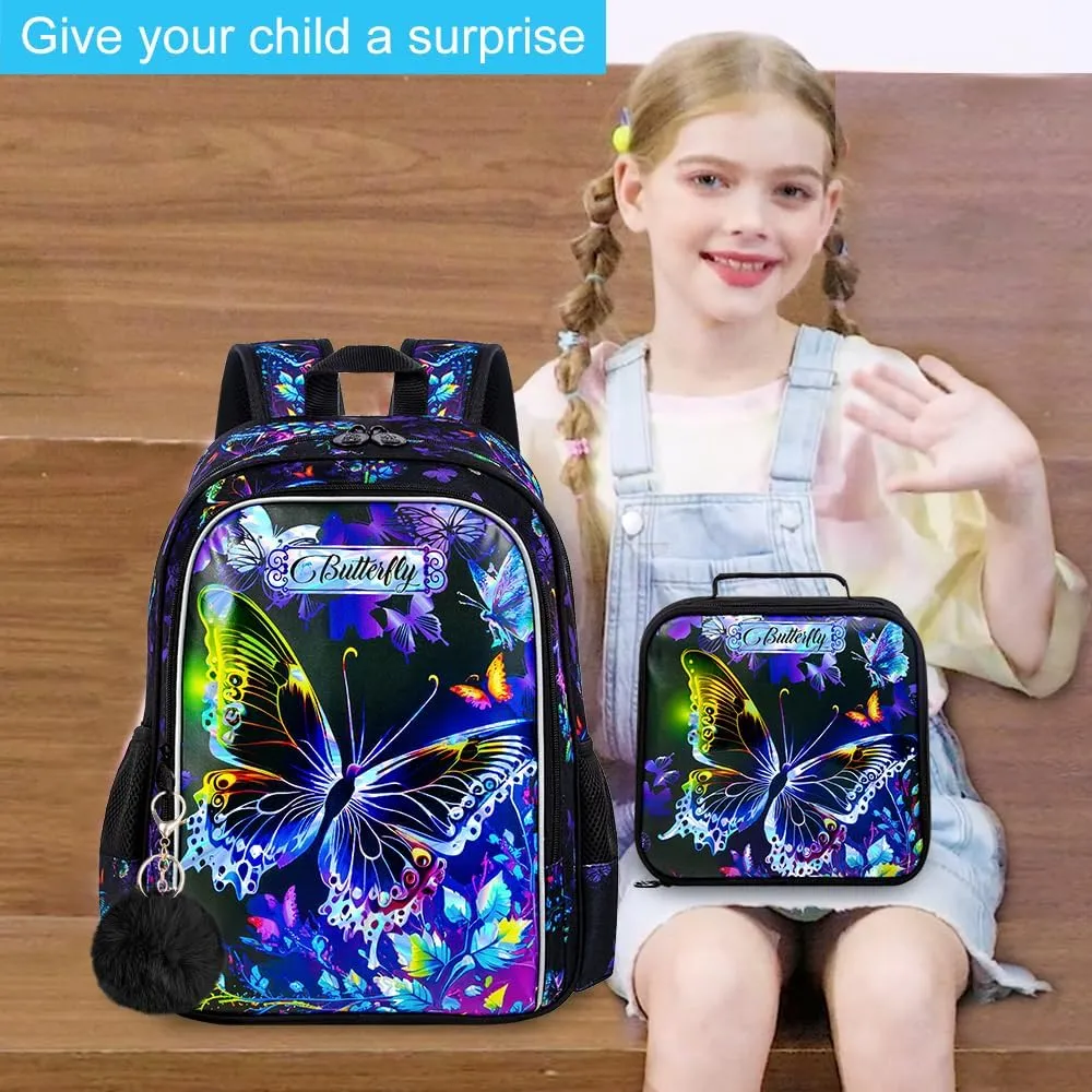 16" Butterfly Backpack for Girls, 3Pcs School Bookbag with Lunch Box, Kids Backpacks Set for Elementary Preschool Kindergarten(Black)