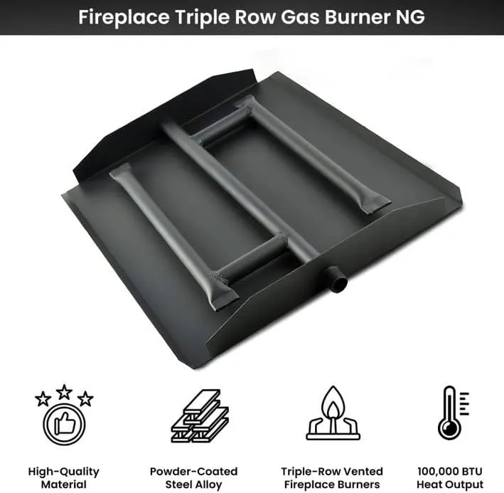 17" Powder Coated Steel Pan for Fire Pit or Fireplace NG - Triple Row Gas Burner Pan & Connection Kit- Specifically for 17" Fire Logs, Easy to Install   Bonus Bag of Glowing Embers