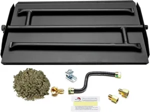 17" Powder Coated Steel Pan for Fire Pit or Fireplace NG - Triple Row Gas Burner Pan & Connection Kit- Specifically for 17" Fire Logs, Easy to Install   Bonus Bag of Glowing Embers