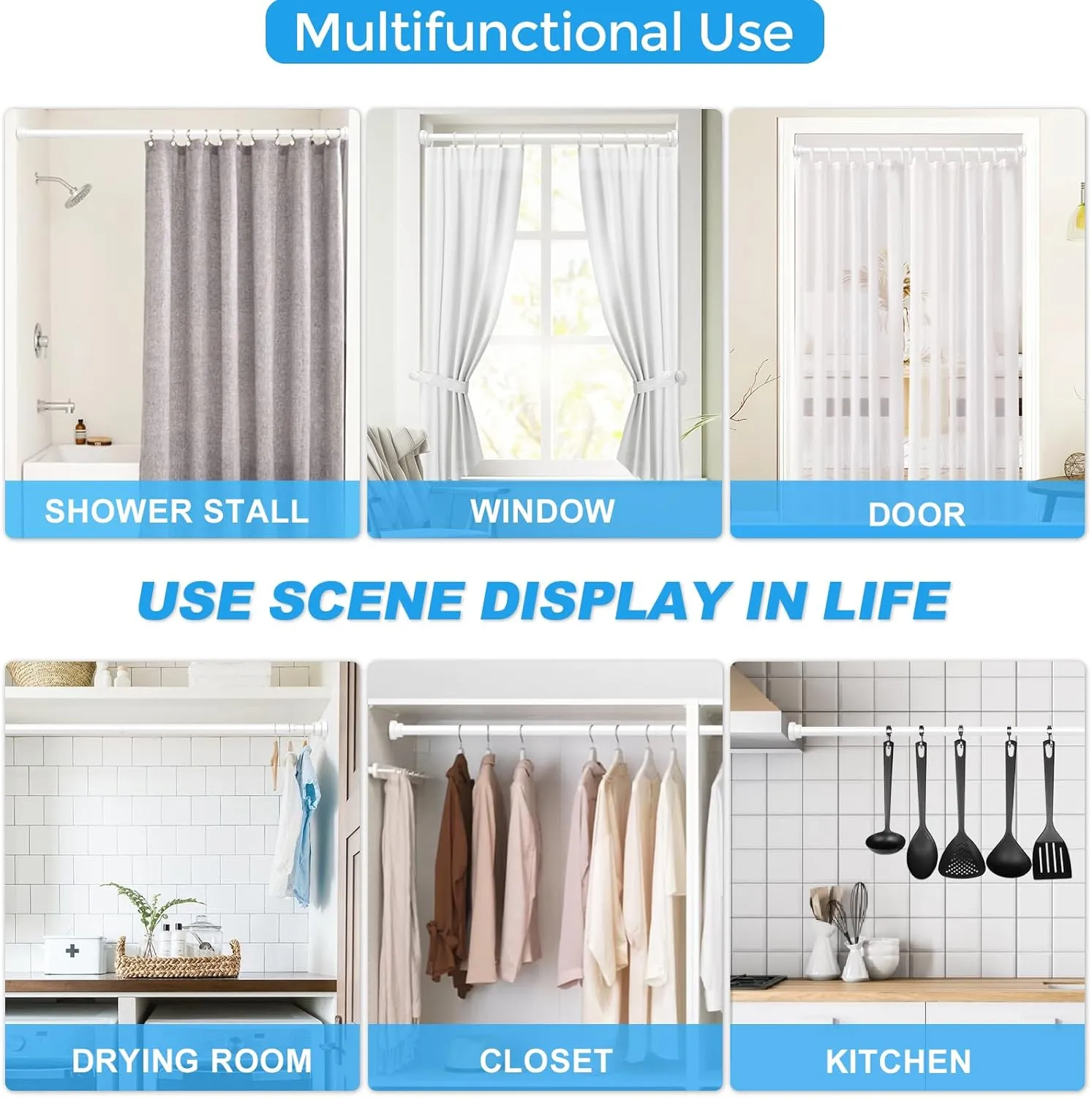 2 Pack Adjustable Tension Curtain Rods 28 to 48 Inches, Expandable Pressure Spring Curtain Rods No Drilling 7/8" Tension Rods for Window Doorway Closet, White