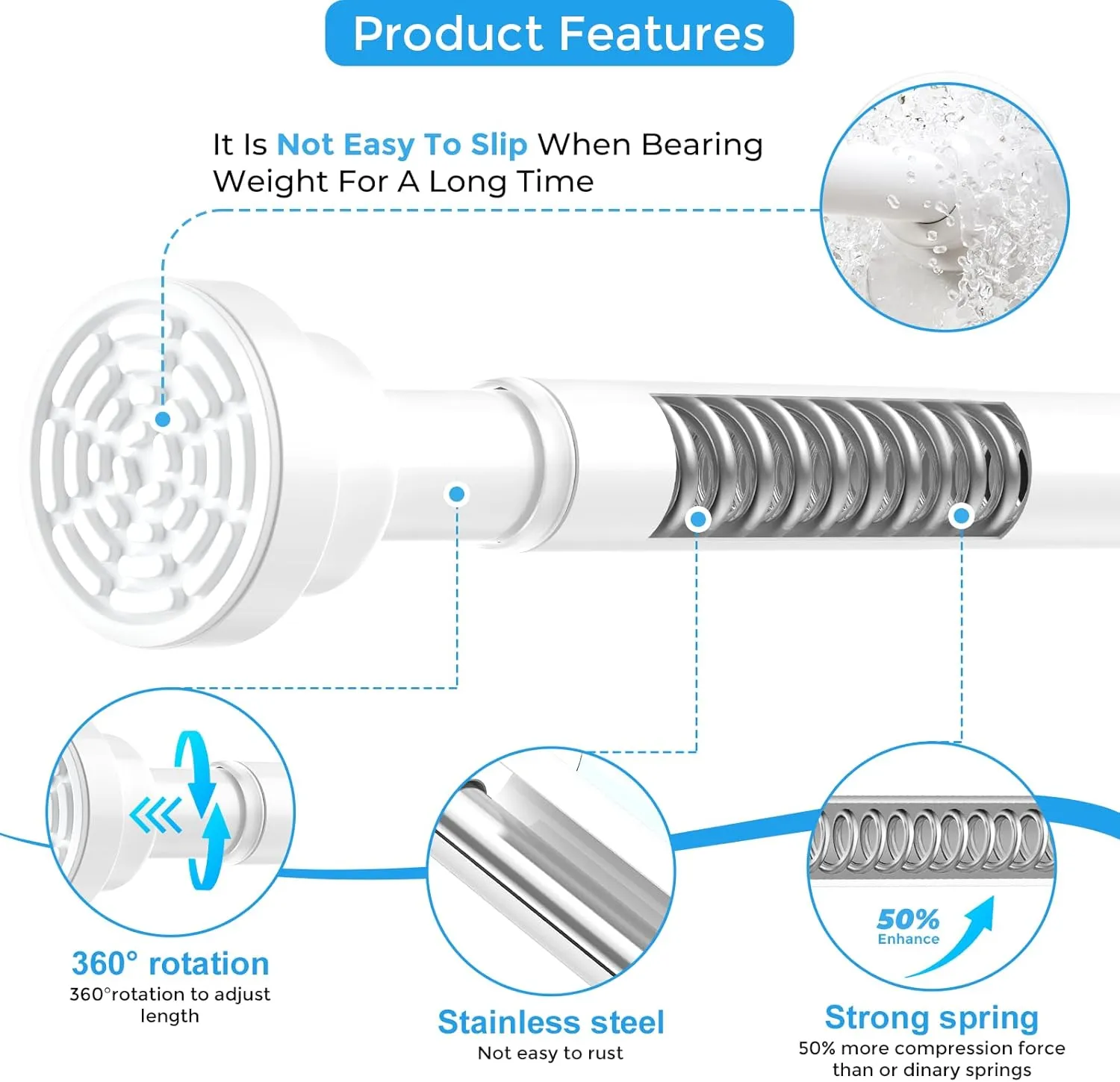 2 Pack Adjustable Tension Curtain Rods 28 to 48 Inches, Expandable Pressure Spring Curtain Rods No Drilling 7/8" Tension Rods for Window Doorway Closet, White
