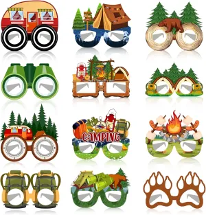 24 PCS Camping Paper Eyeglasses Camping Party Favors Supplies Camping Camp Birthday Party Decorations Gifts Photo Booth Props for Kids Boys Girls