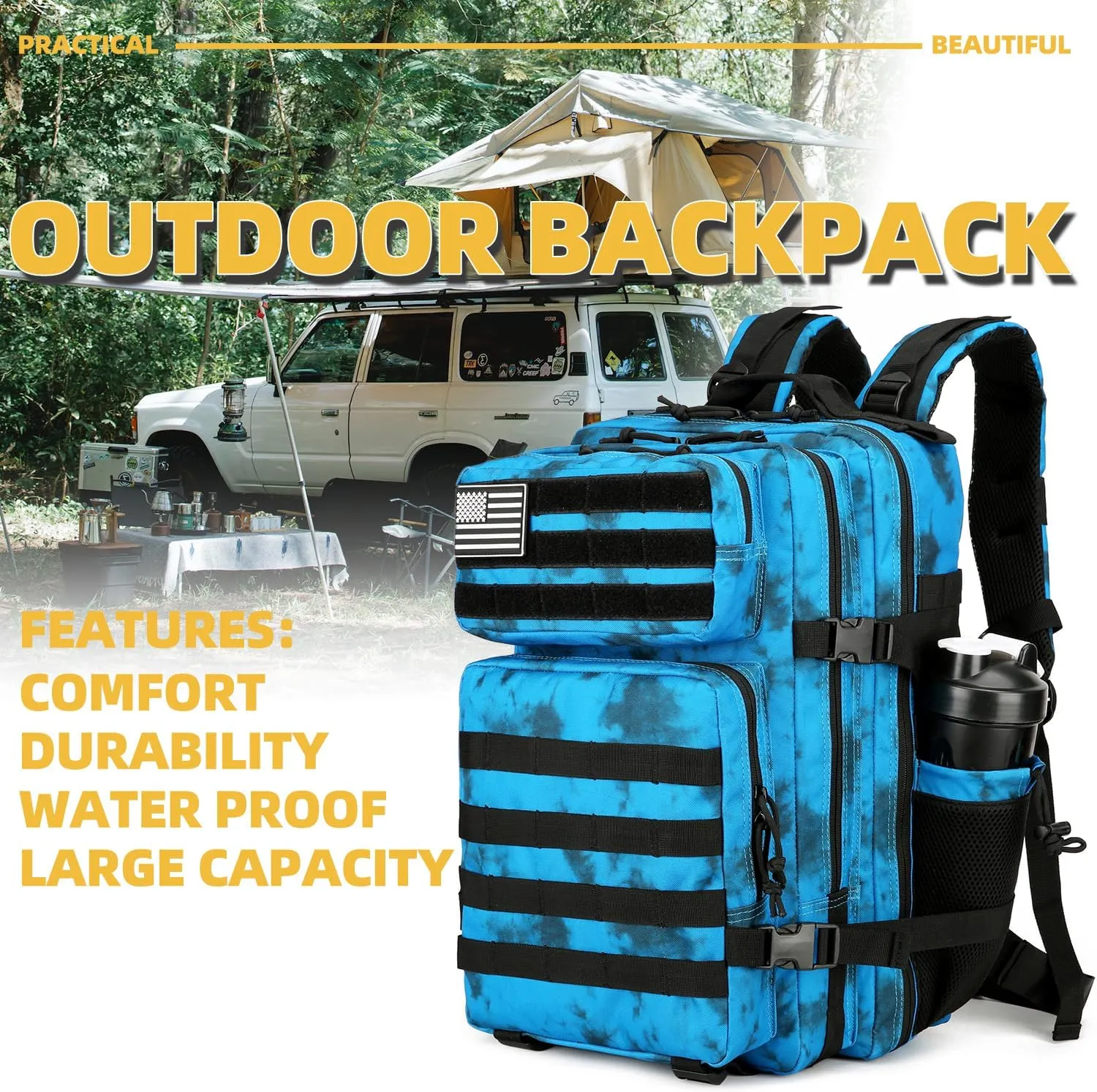 25L Tactical Backpack Military Tactical Backpack for Men and Women Small Assault Pack Outdoor Travel Hiking Camping Rucksack with Molle Webbing (Blue Water Pattern)