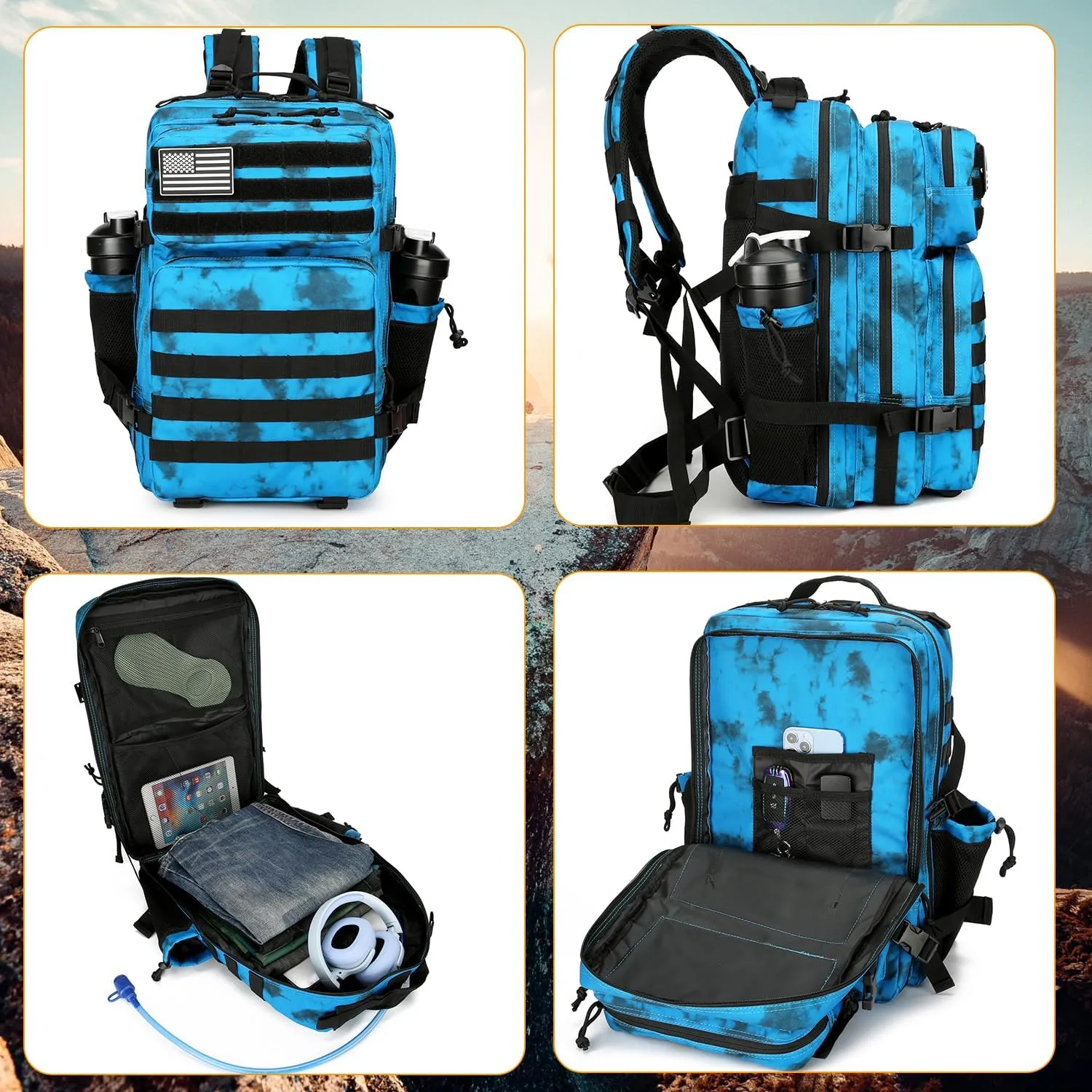 25L Tactical Backpack Military Tactical Backpack for Men and Women Small Assault Pack Outdoor Travel Hiking Camping Rucksack with Molle Webbing (Blue Water Pattern)