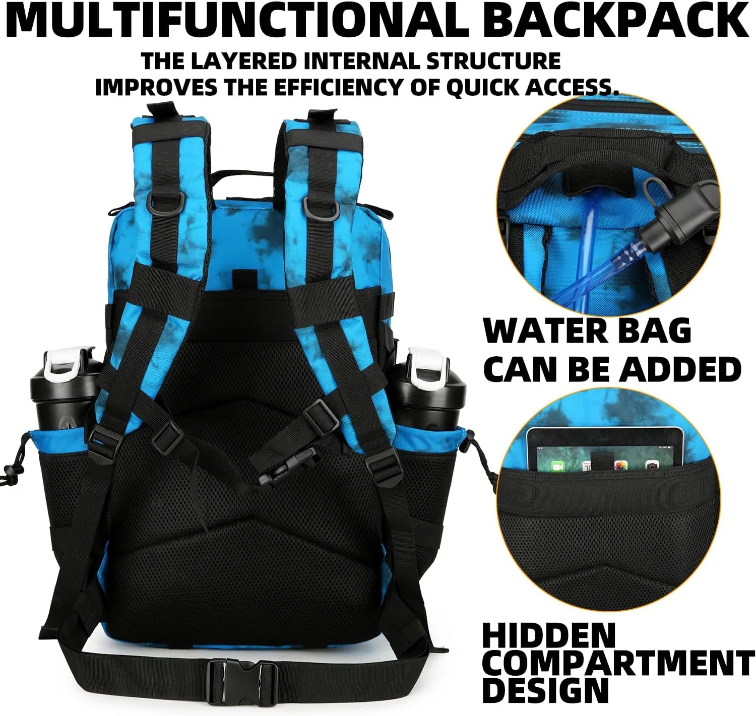 25L Tactical Backpack Military Tactical Backpack for Men and Women Small Assault Pack Outdoor Travel Hiking Camping Rucksack with Molle Webbing (Blue Water Pattern)