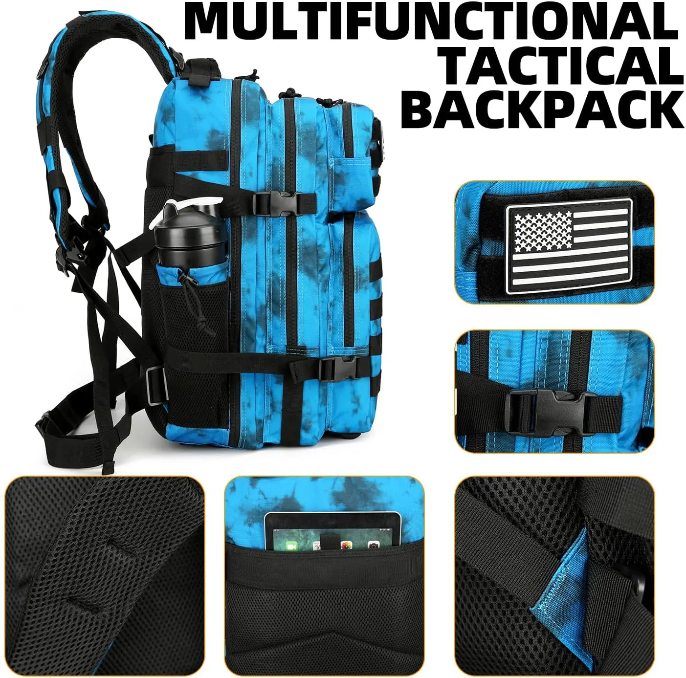 25L Tactical Backpack Military Tactical Backpack for Men and Women Small Assault Pack Outdoor Travel Hiking Camping Rucksack with Molle Webbing (Blue Water Pattern)