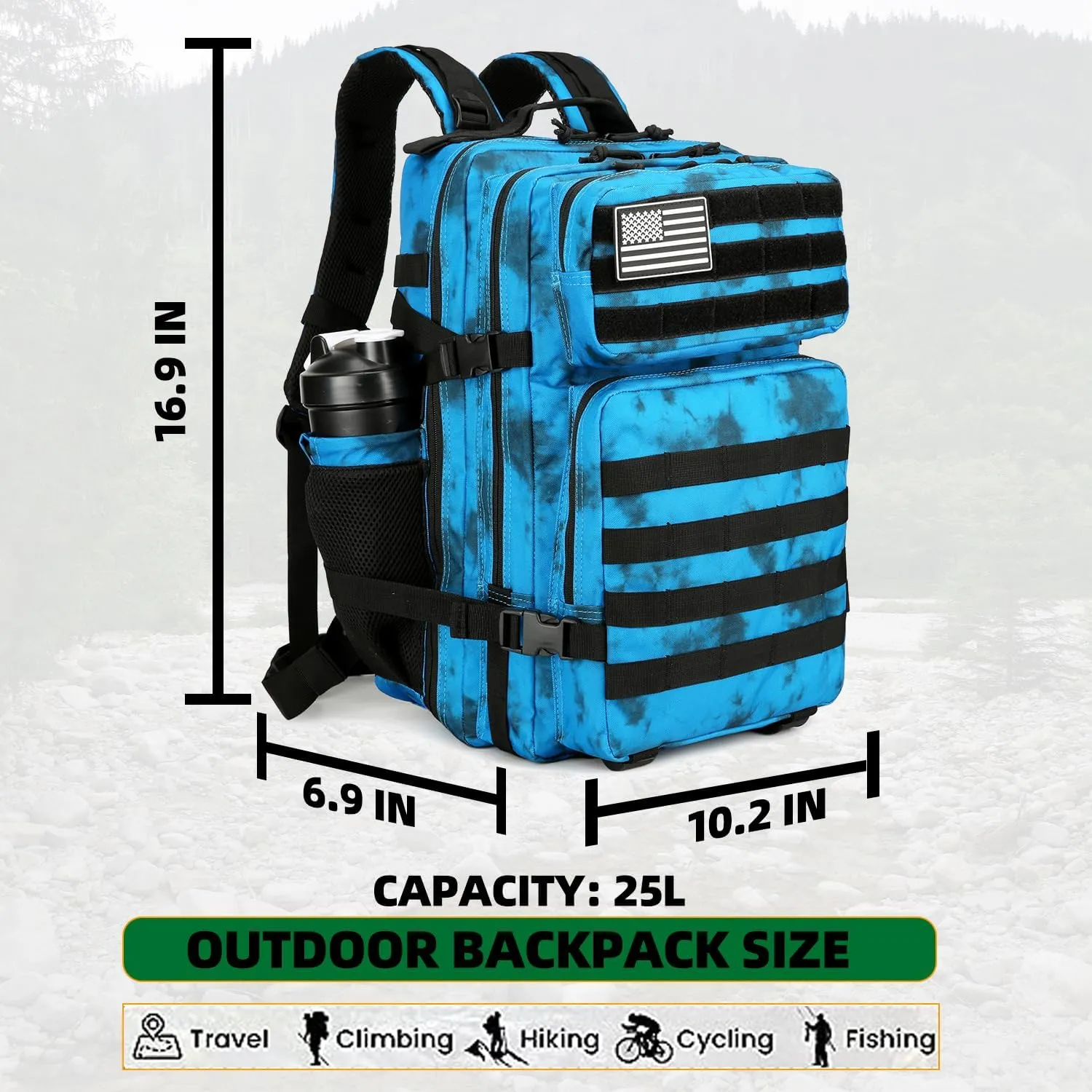 25L Tactical Backpack Military Tactical Backpack for Men and Women Small Assault Pack Outdoor Travel Hiking Camping Rucksack with Molle Webbing (Blue Water Pattern)