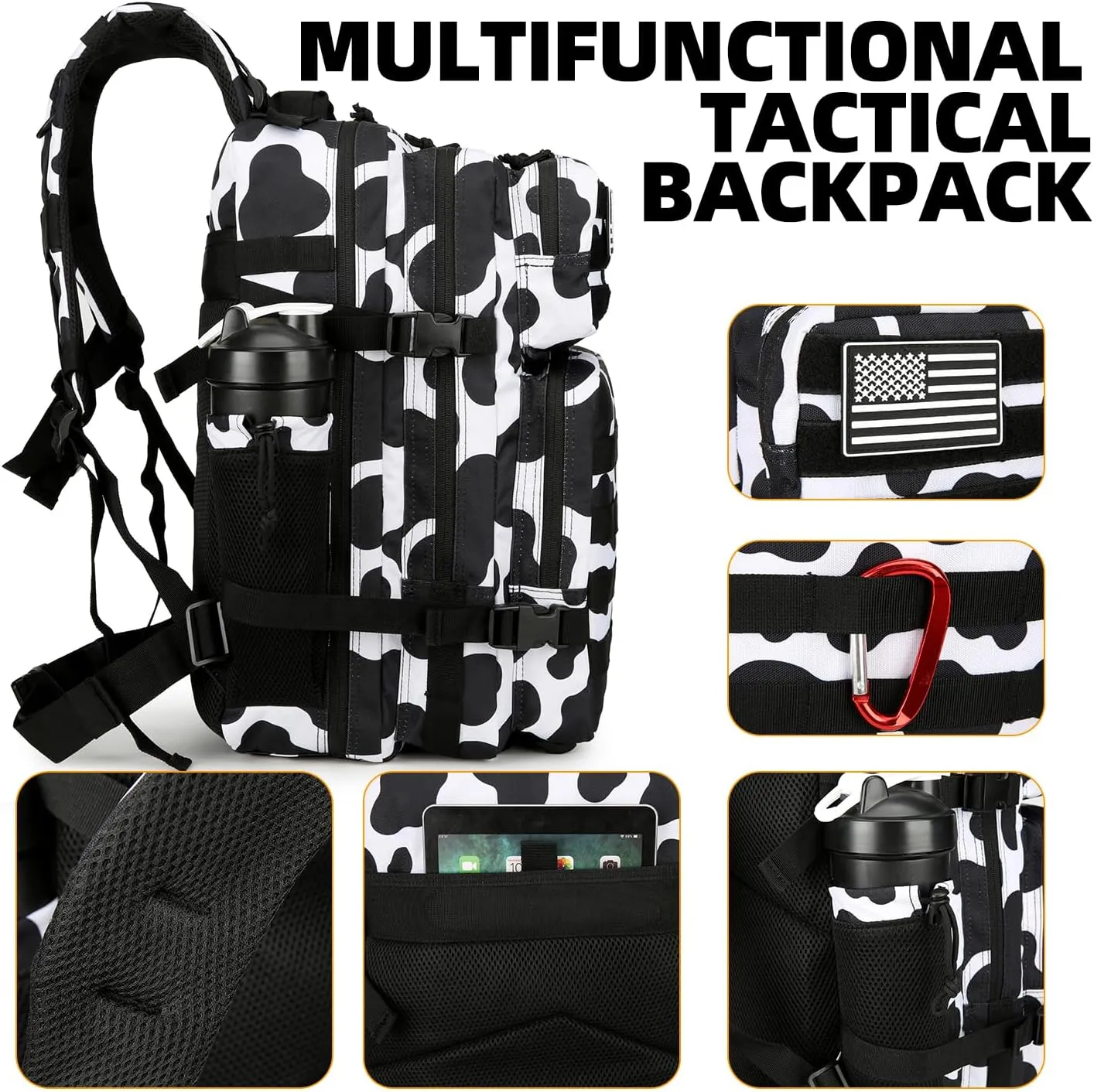 25L Tactical Backpack Military Tactical Backpack for Men and Women Small Assault Pack Outdoor Travel Hiking Camping Rucksack with Molle Webbing (Cow Print)