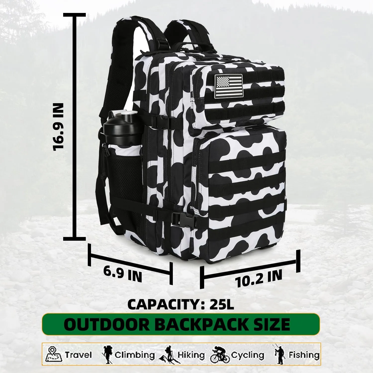 25L Tactical Backpack Military Tactical Backpack for Men and Women Small Assault Pack Outdoor Travel Hiking Camping Rucksack with Molle Webbing (Cow Print)