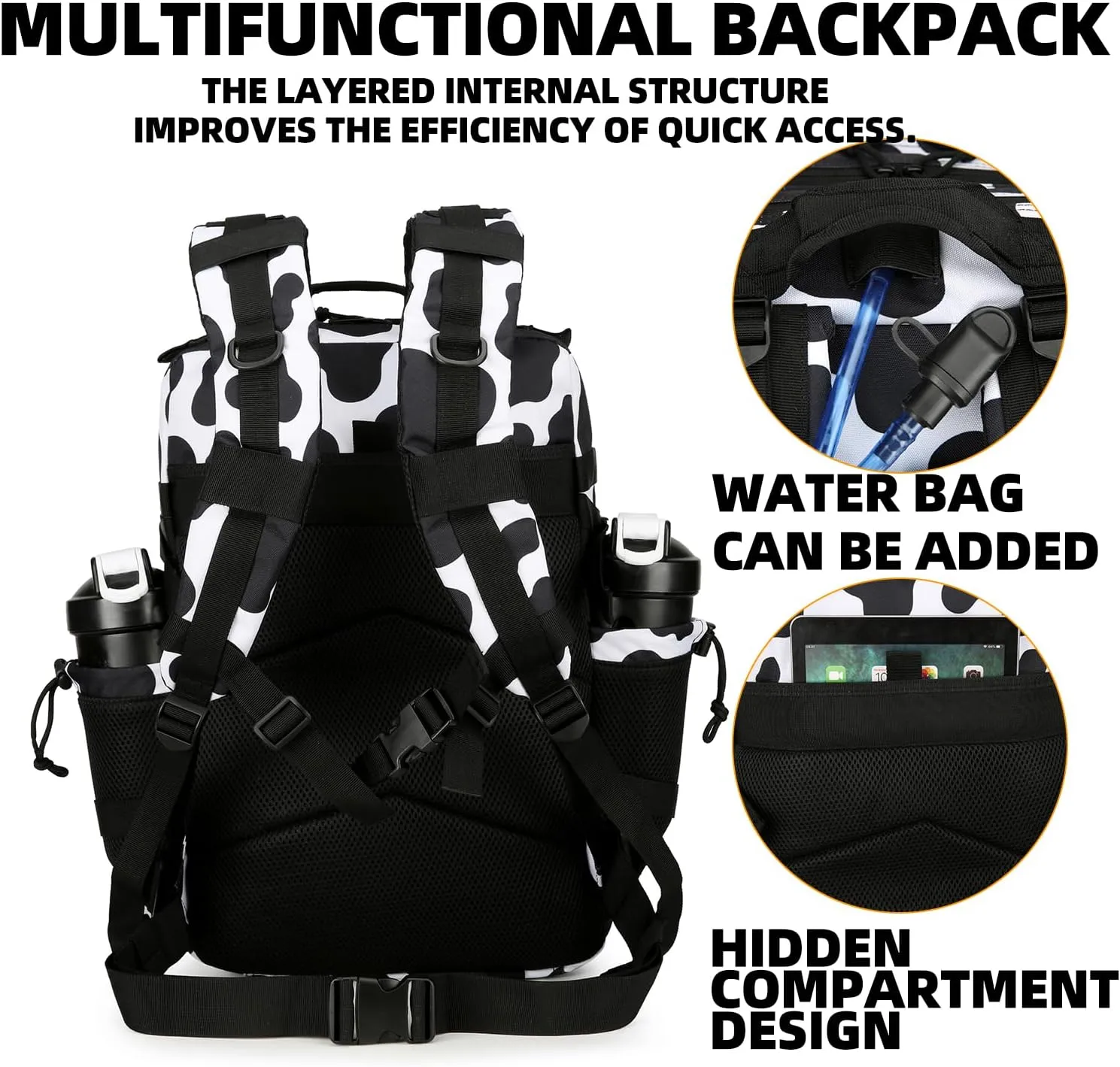 25L Tactical Backpack Military Tactical Backpack for Men and Women Small Assault Pack Outdoor Travel Hiking Camping Rucksack with Molle Webbing (Cow Print)