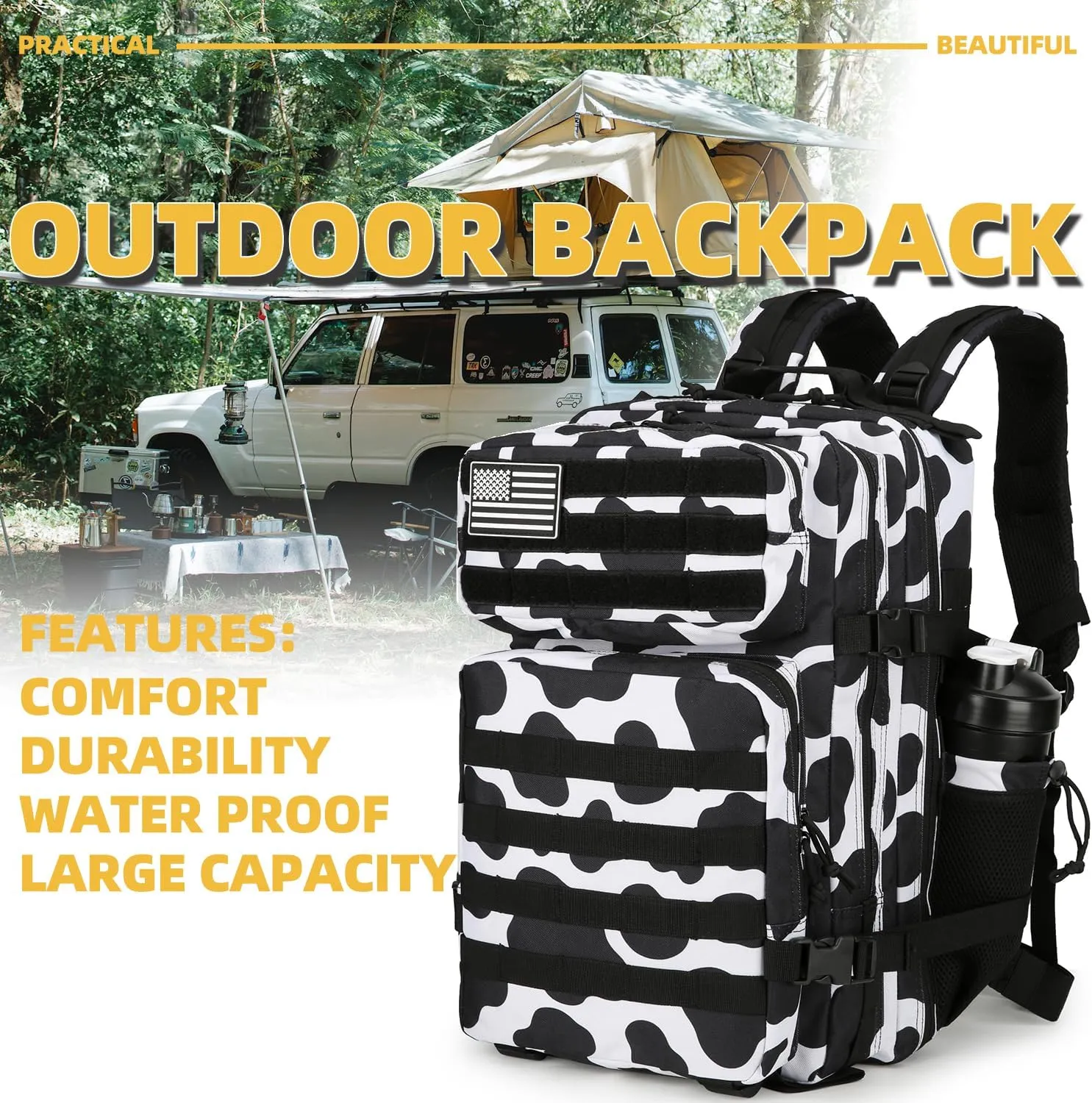 25L Tactical Backpack Military Tactical Backpack for Men and Women Small Assault Pack Outdoor Travel Hiking Camping Rucksack with Molle Webbing (Cow Print)