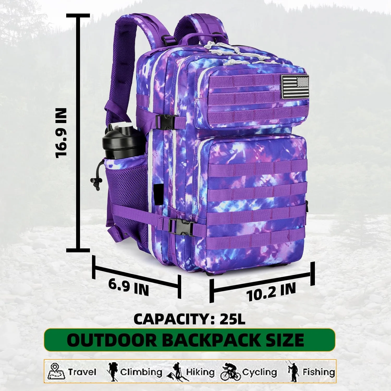 25L Tactical Backpack Military Tactical Backpack for Men and Women Small Assault Pack Outdoor Travel Hiking Camping Rucksack with Molle Webbing (Purple Camo)