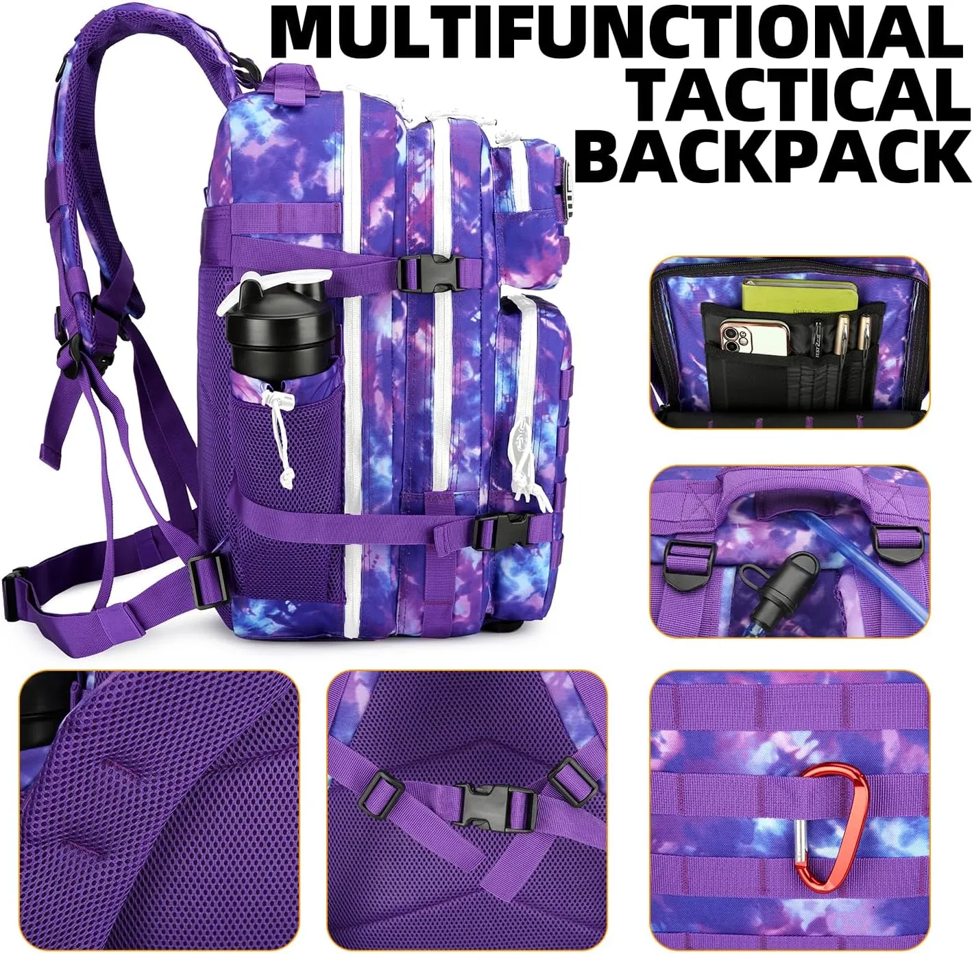 25L Tactical Backpack Military Tactical Backpack for Men and Women Small Assault Pack Outdoor Travel Hiking Camping Rucksack with Molle Webbing (Purple Camo)