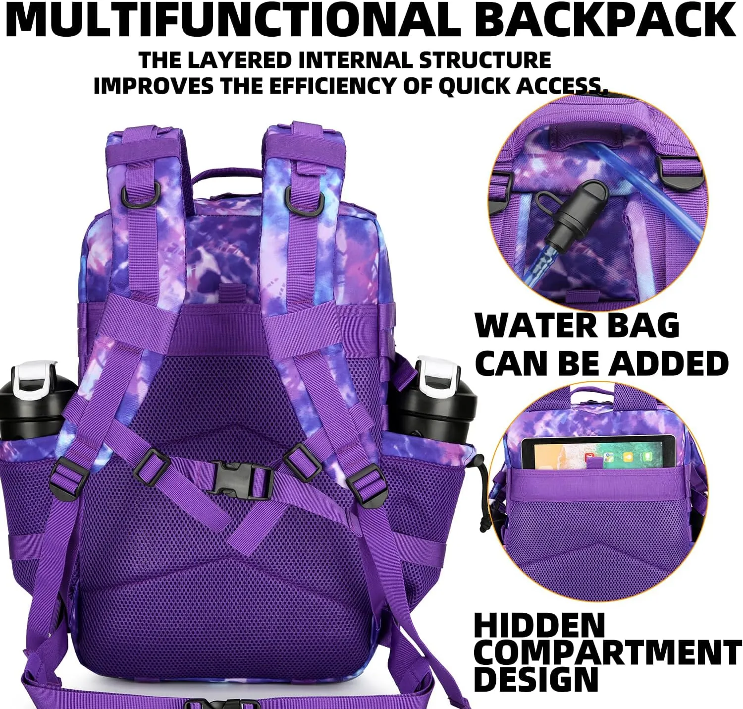 25L Tactical Backpack Military Tactical Backpack for Men and Women Small Assault Pack Outdoor Travel Hiking Camping Rucksack with Molle Webbing (Purple Camo)