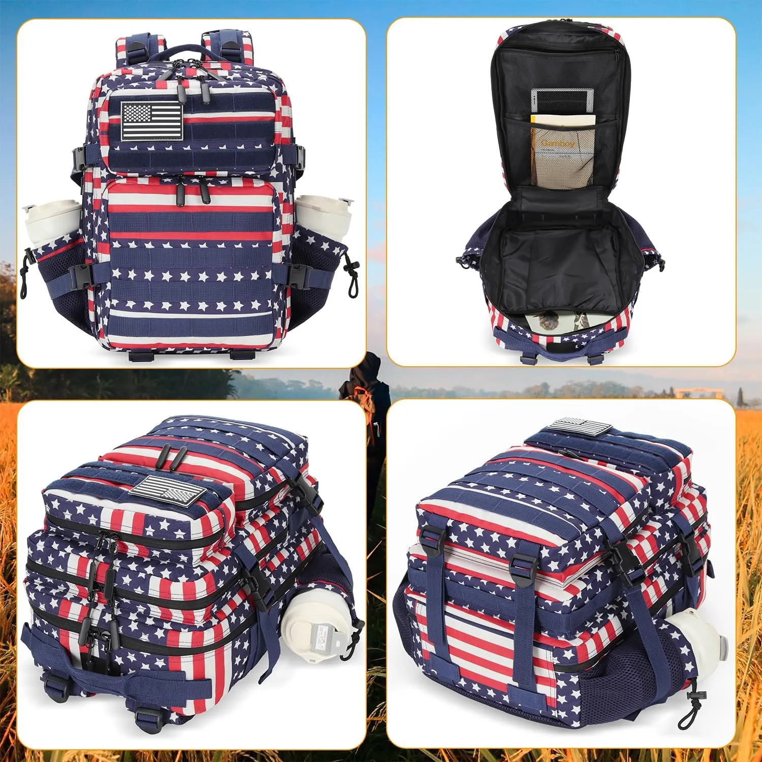 25L Tactical Military Backpack Small Travel Backpack for Men and Women Assault Pack Bug Out Bag Molle Daypack Gym Backpack with Bottle Holder (Flag)