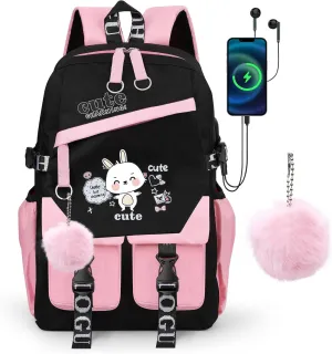 28inch Cartoon Backpack for Girls - Cute Backpacks with USB Charging Port for Women Students Aesthetic Bookbag Large Laptop Bag for Casual Travel Daypacks (Pink)