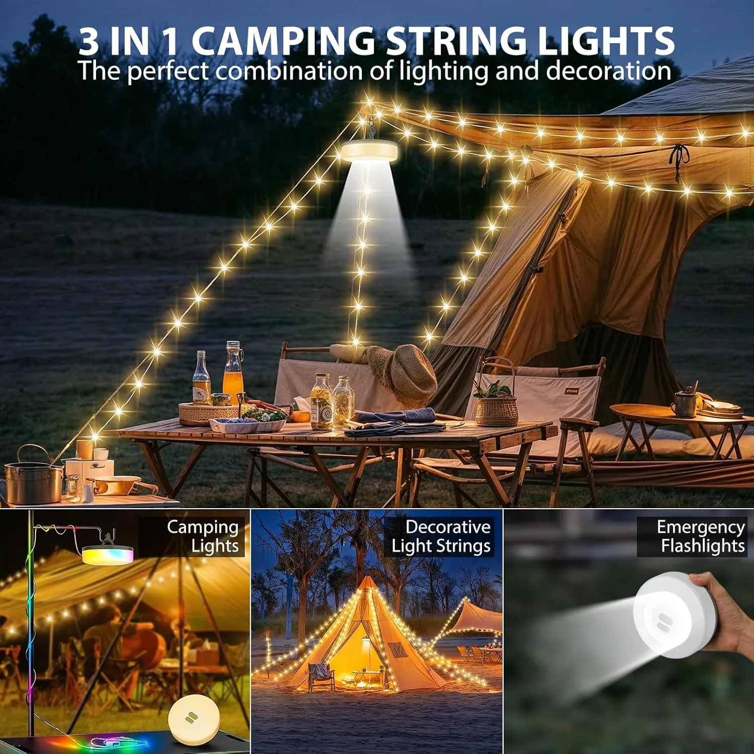 2Pack Camping String Lights, 4 in 1 Quick Storage 32.8FT Rechargeable Tent Lights with 6 Modes Hanging Waterproof Camp Lamp Camping Essentials for AwnTent Hiking Garden Bedroom Festival (Warm White)