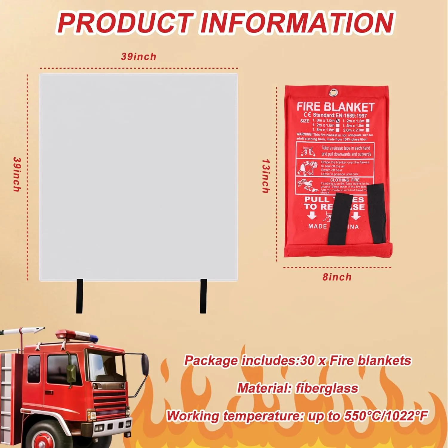 30 Pack Emergency Fire Blanket for Home and Kitchen Fire Suppression Blanket Fiberglass Fire Blanket for House Camping Car Office Warehouse Emergency Survival Safety (39.3 x 39.3 Inch)
