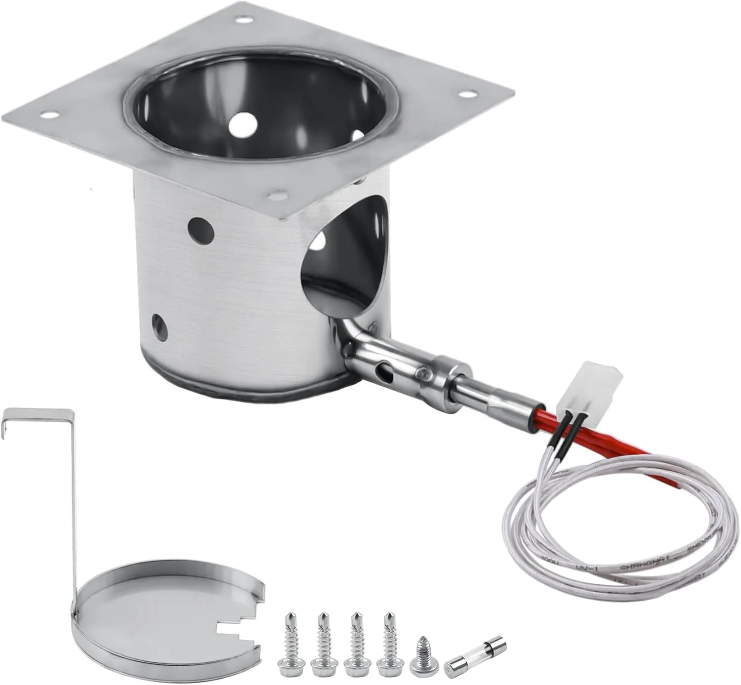 304 Stainless Steel Fire Burn Pot and Hot Rod Ignitor Kit for Pit Boss, Traeger, Camp Chef Pellet Grills, Upgraded Heavy Duty Burner Pot Replacement Parts with Ash Remover, Screws and Fuse