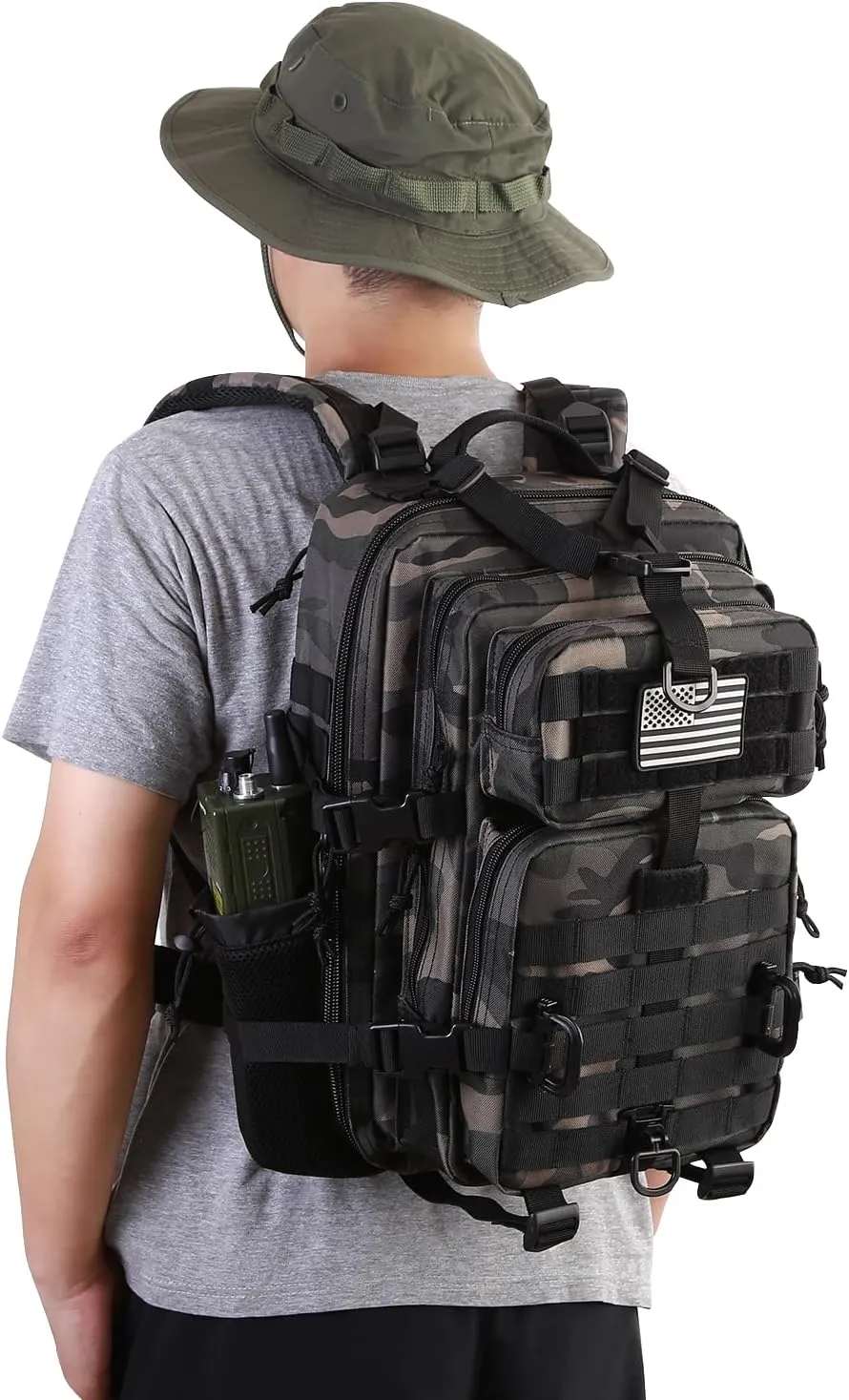 30L MOLLE Assault Pack, Tactical Backpack Military Army Camping Rucksack with Bottle Holder, 3-Day Pack, Black Camo