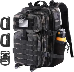 30L MOLLE Assault Pack, Tactical Backpack Military Army Camping Rucksack with Bottle Holder, 3-Day Pack, Black Camo