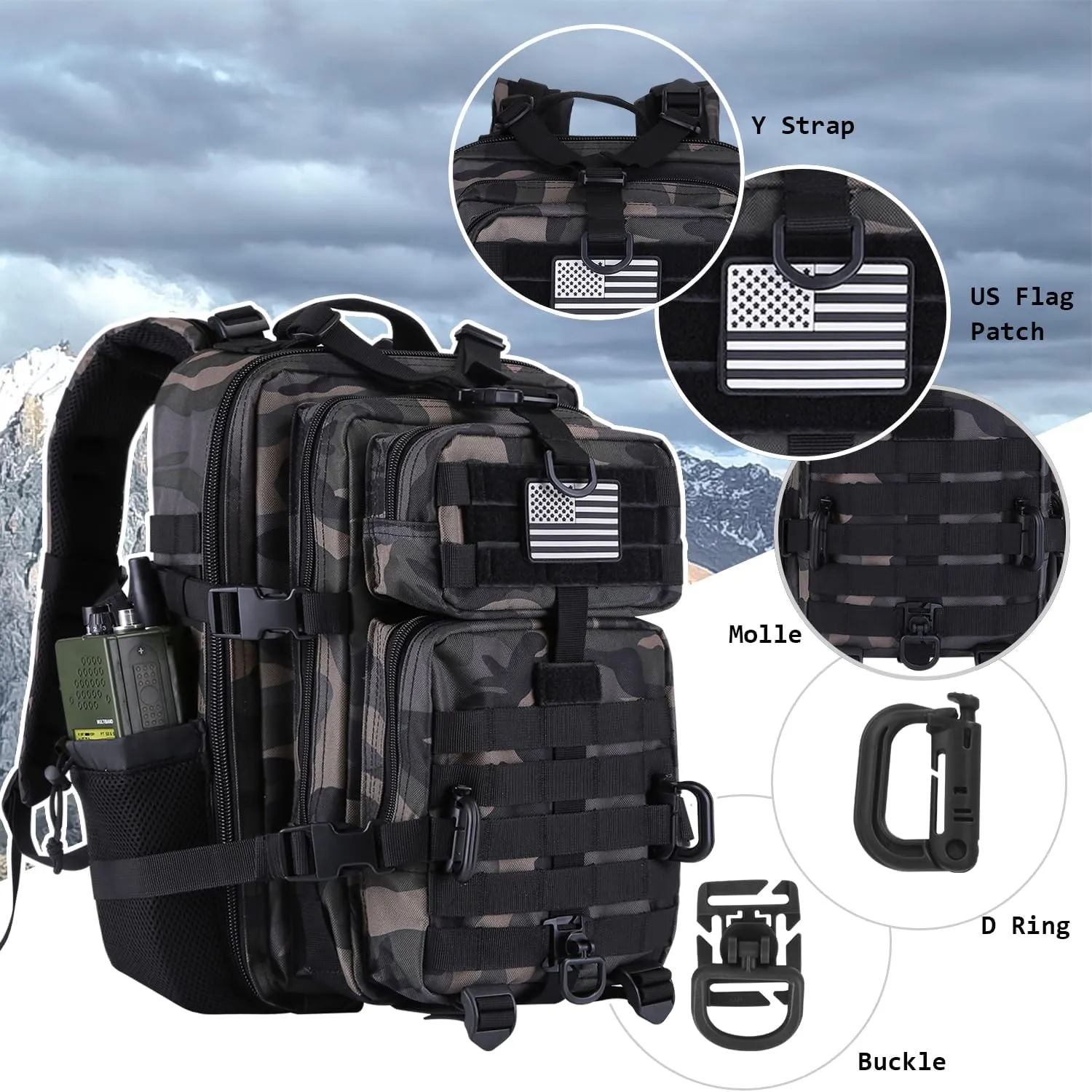 30L MOLLE Assault Pack, Tactical Backpack Military Army Camping Rucksack with Bottle Holder, 3-Day Pack, Black Camo