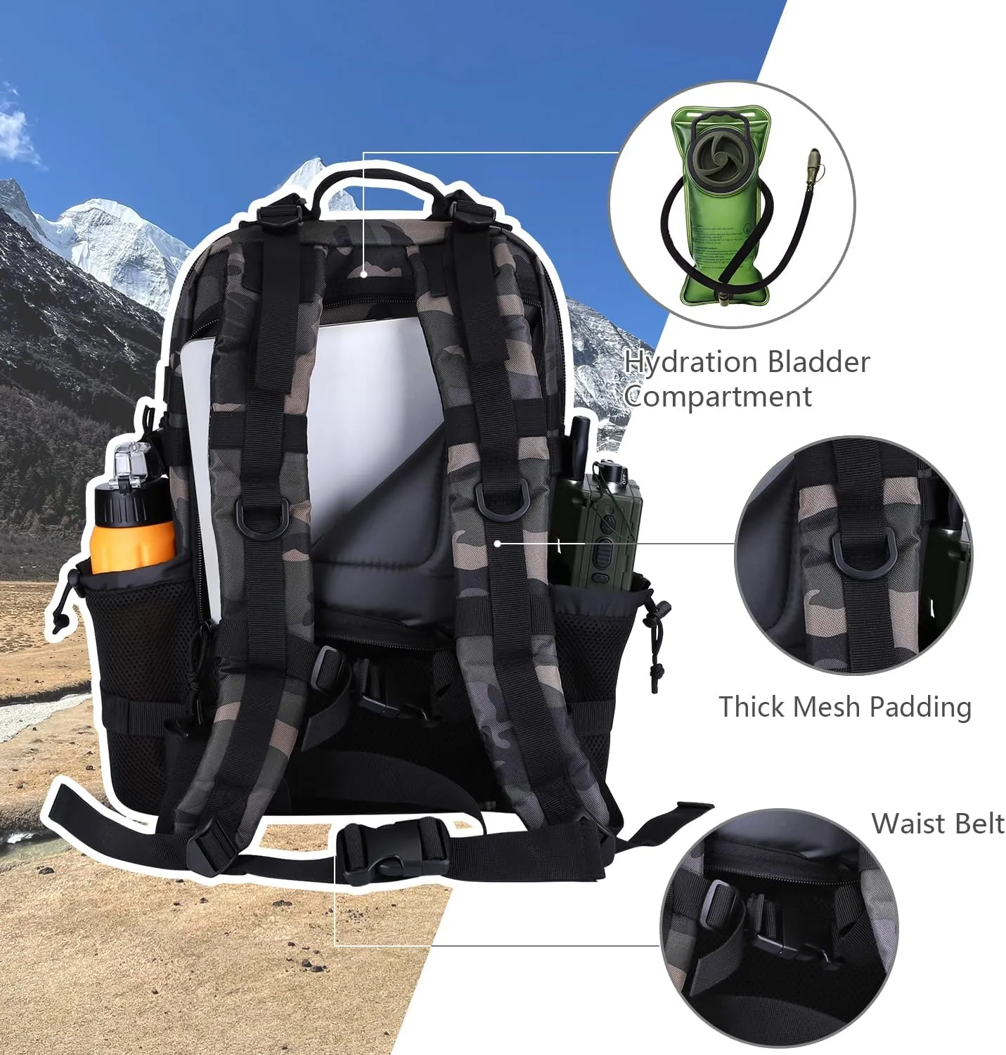 30L MOLLE Assault Pack, Tactical Backpack Military Army Camping Rucksack with Bottle Holder, 3-Day Pack, Black Camo