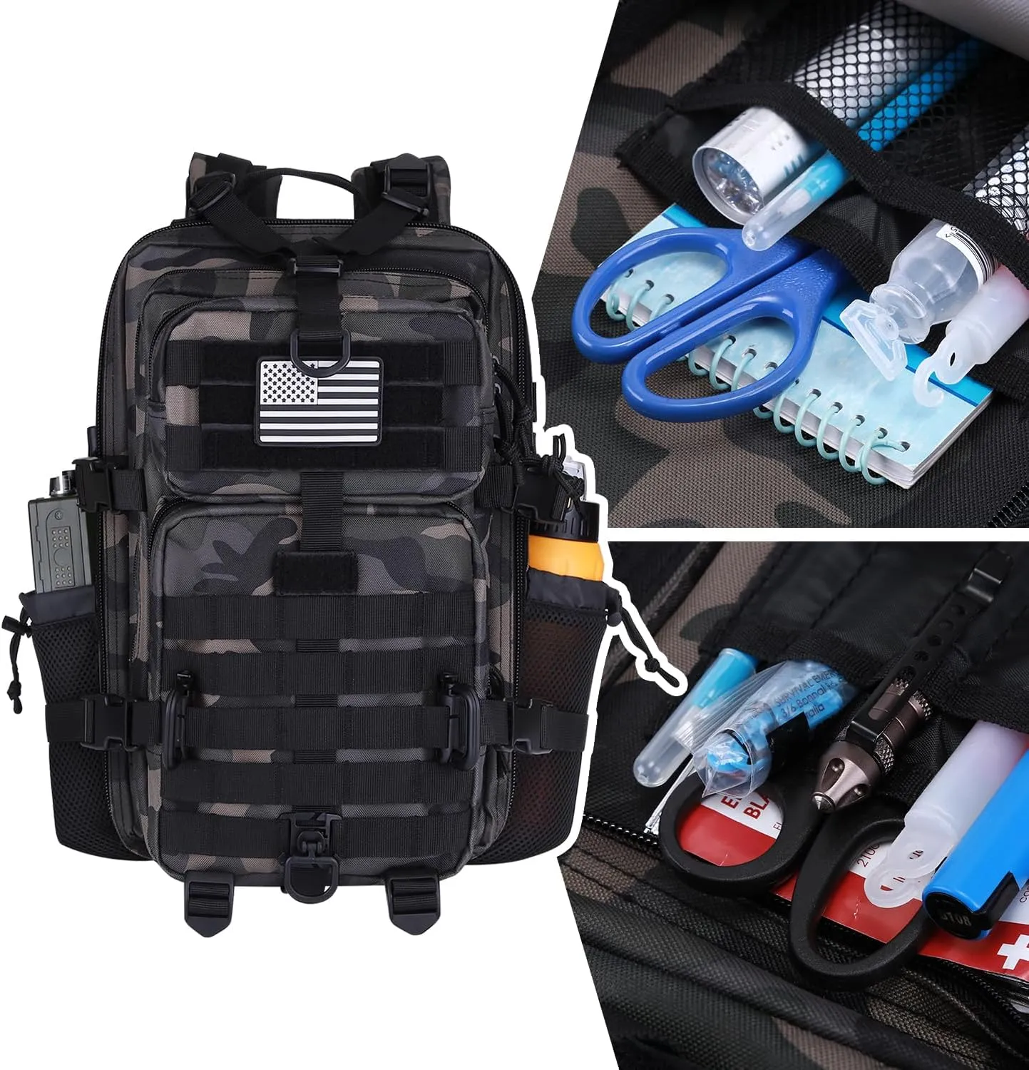 30L MOLLE Assault Pack, Tactical Backpack Military Army Camping Rucksack with Bottle Holder, 3-Day Pack, Black Camo