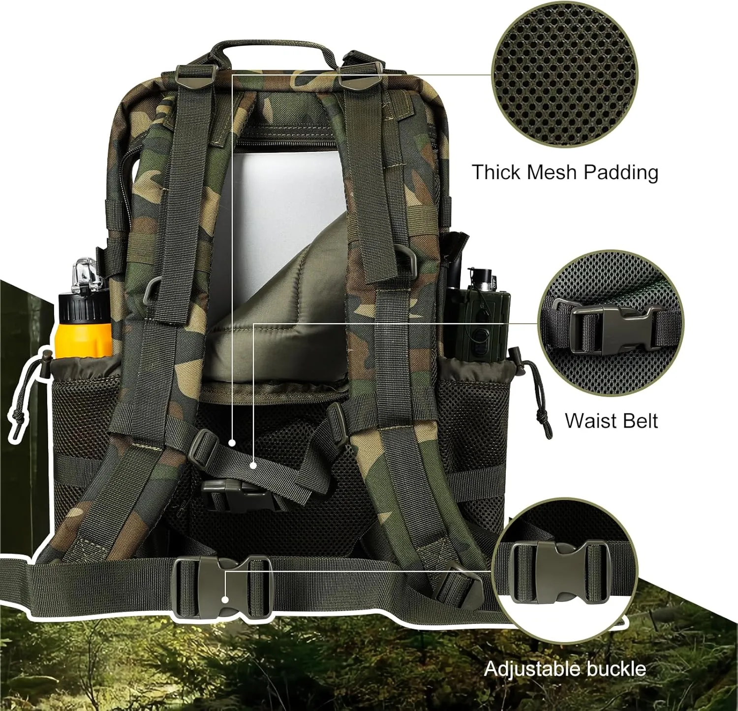30L MOLLE Assault Pack, Tactical Backpack Military Army Camping Rucksack with Bottle Holder, 3-Day Pack, US Woodland