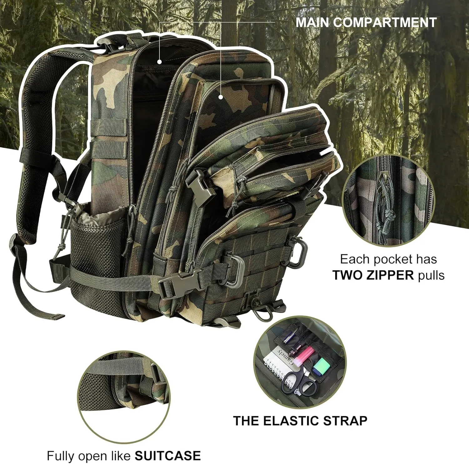 30L MOLLE Assault Pack, Tactical Backpack Military Army Camping Rucksack with Bottle Holder, 3-Day Pack, US Woodland