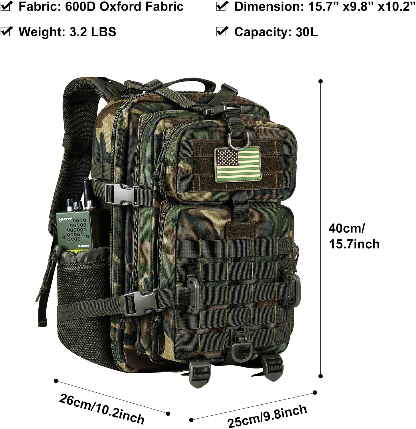 30L MOLLE Assault Pack, Tactical Backpack Military Army Camping Rucksack with Bottle Holder, 3-Day Pack, US Woodland