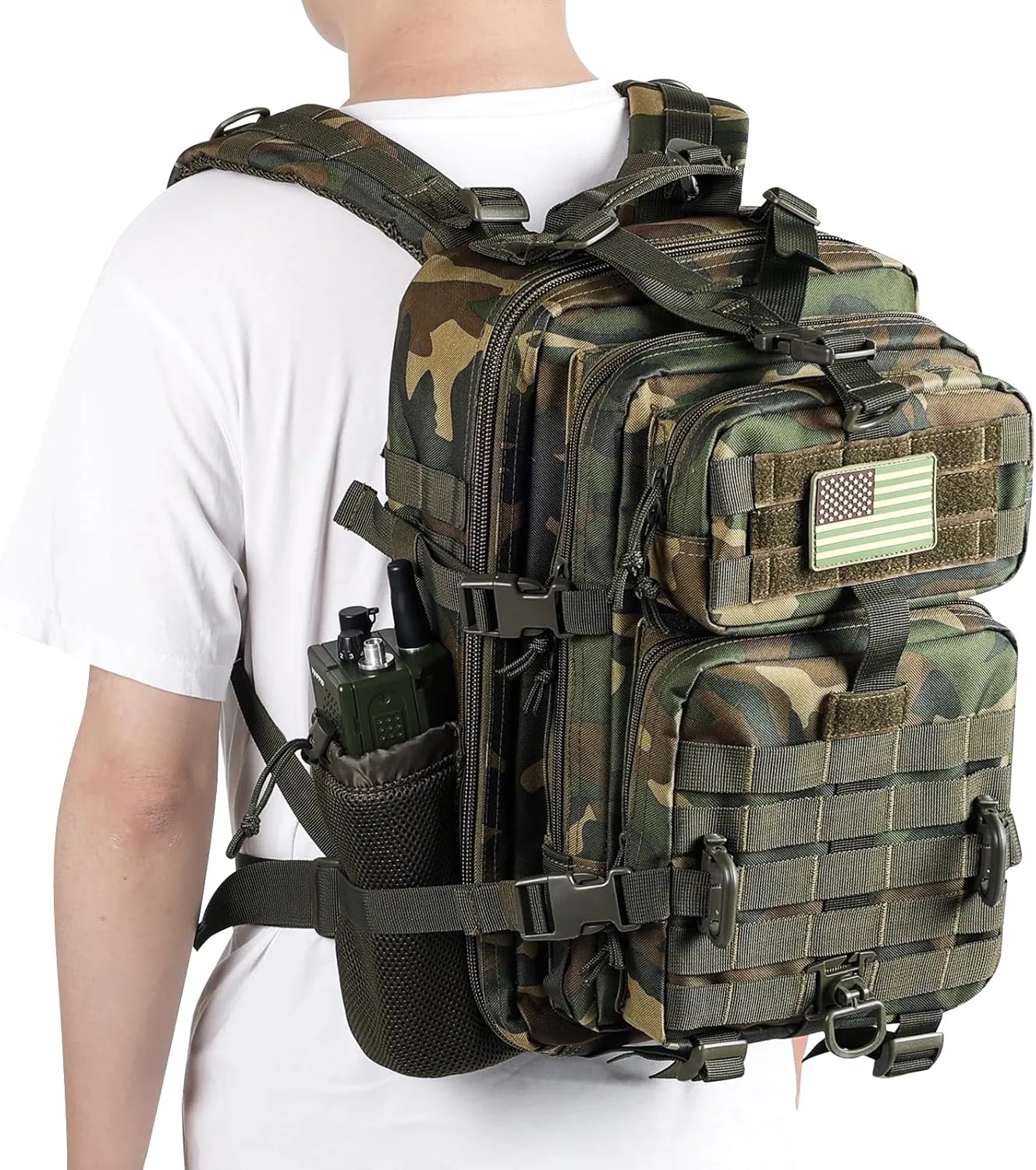 30L MOLLE Assault Pack, Tactical Backpack Military Army Camping Rucksack with Bottle Holder, 3-Day Pack, US Woodland