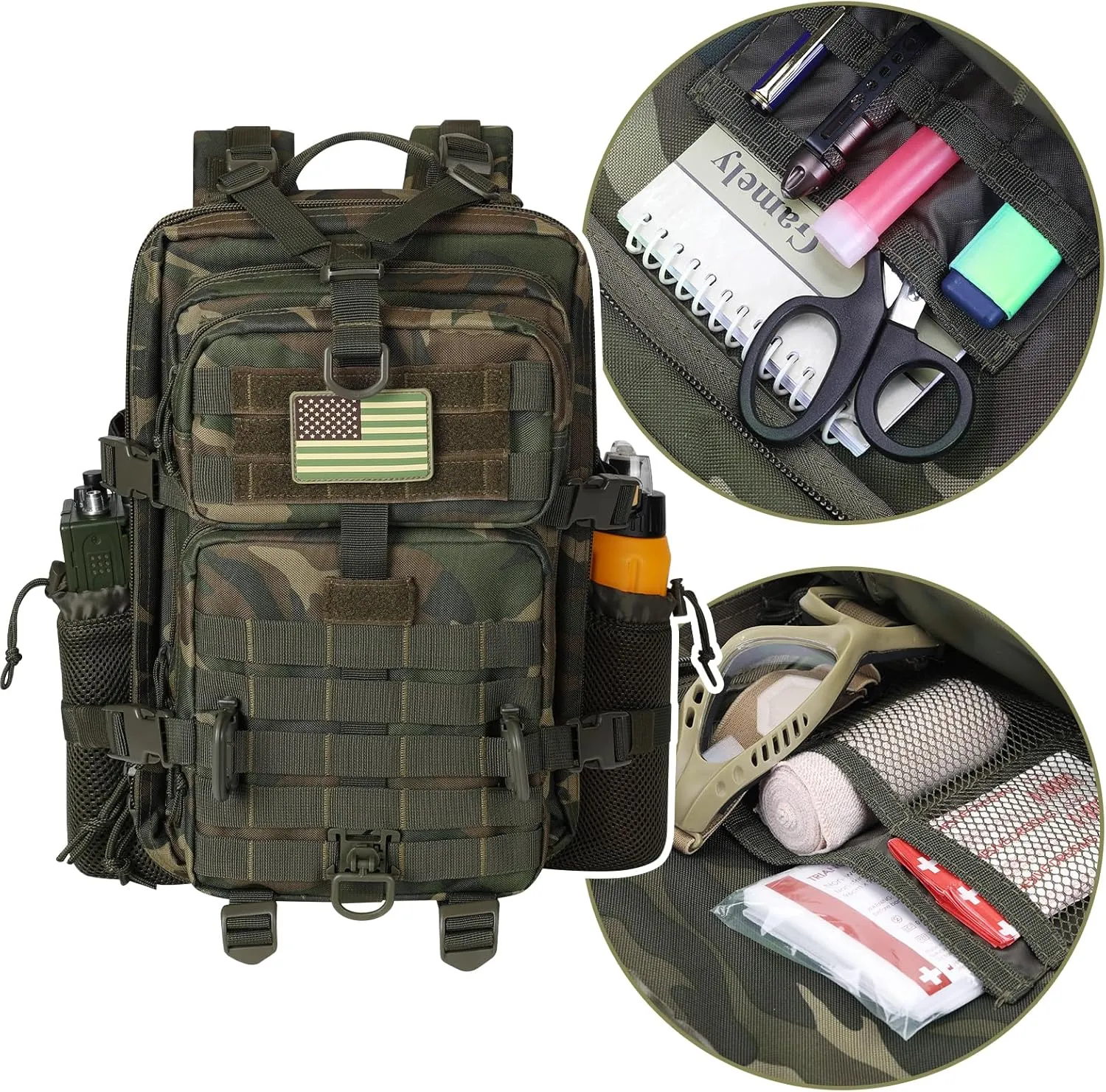 30L MOLLE Assault Pack, Tactical Backpack Military Army Camping Rucksack with Bottle Holder, 3-Day Pack, US Woodland