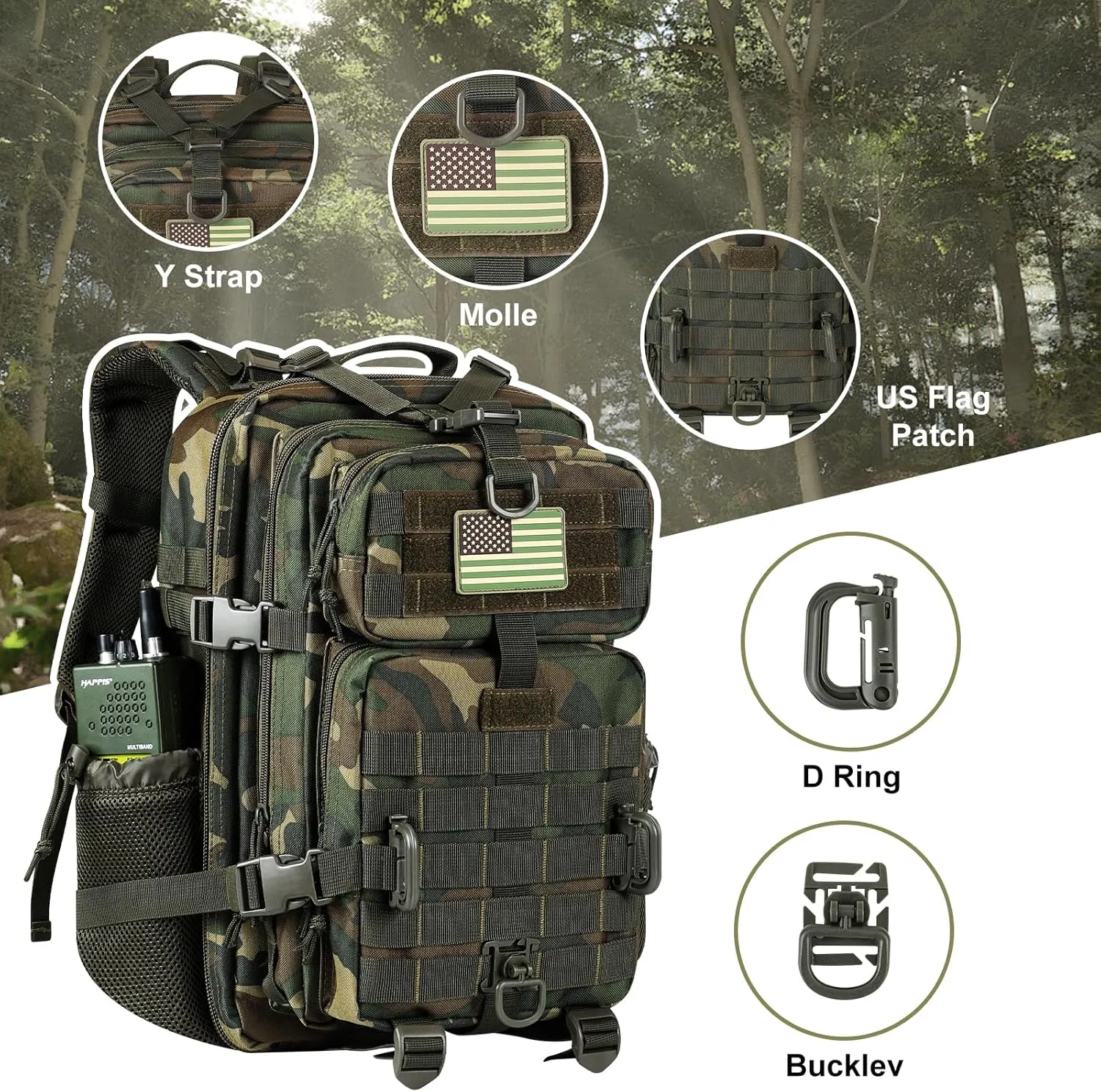 30L MOLLE Assault Pack, Tactical Backpack Military Army Camping Rucksack with Bottle Holder, 3-Day Pack, US Woodland