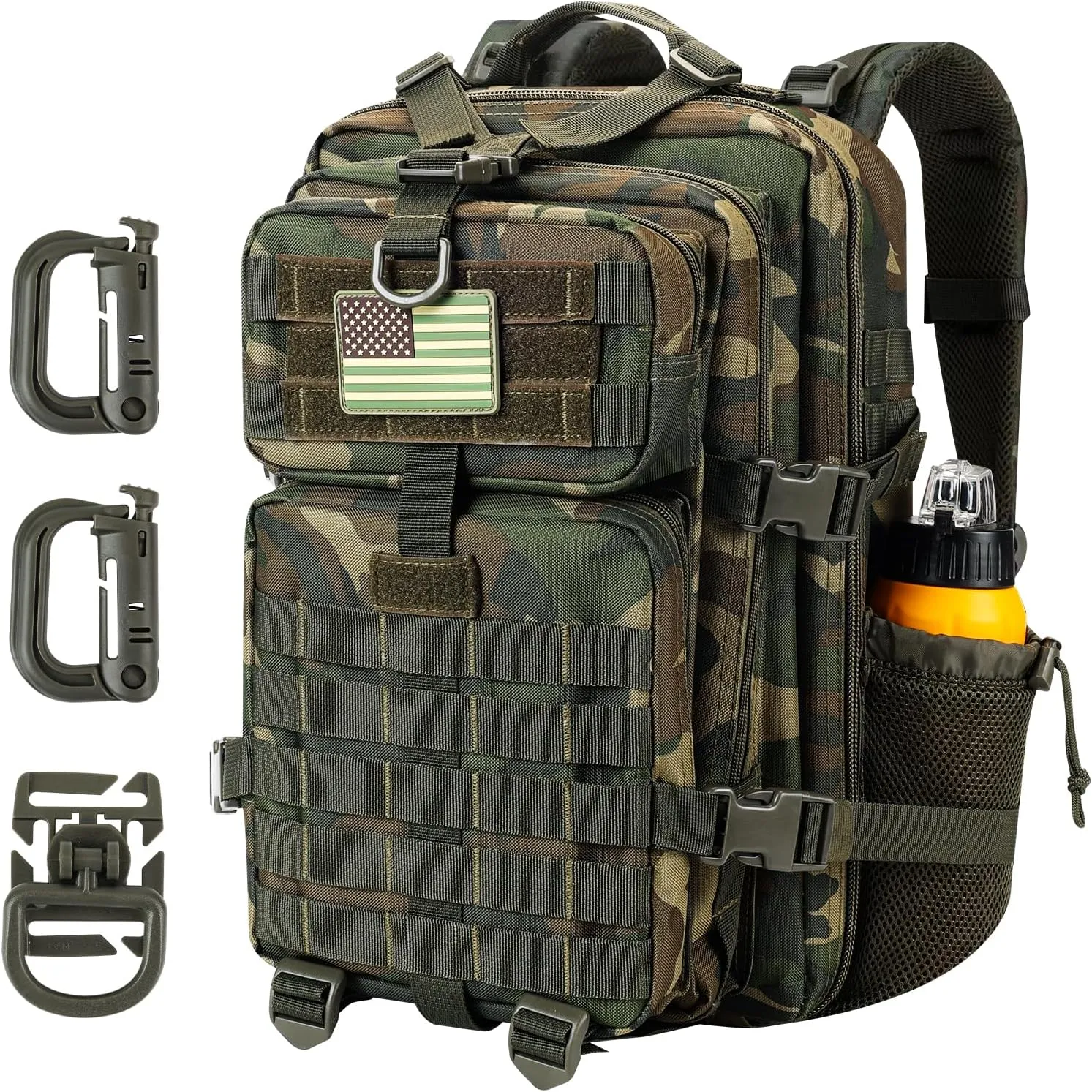 30L MOLLE Assault Pack, Tactical Backpack Military Army Camping Rucksack with Bottle Holder, 3-Day Pack, US Woodland
